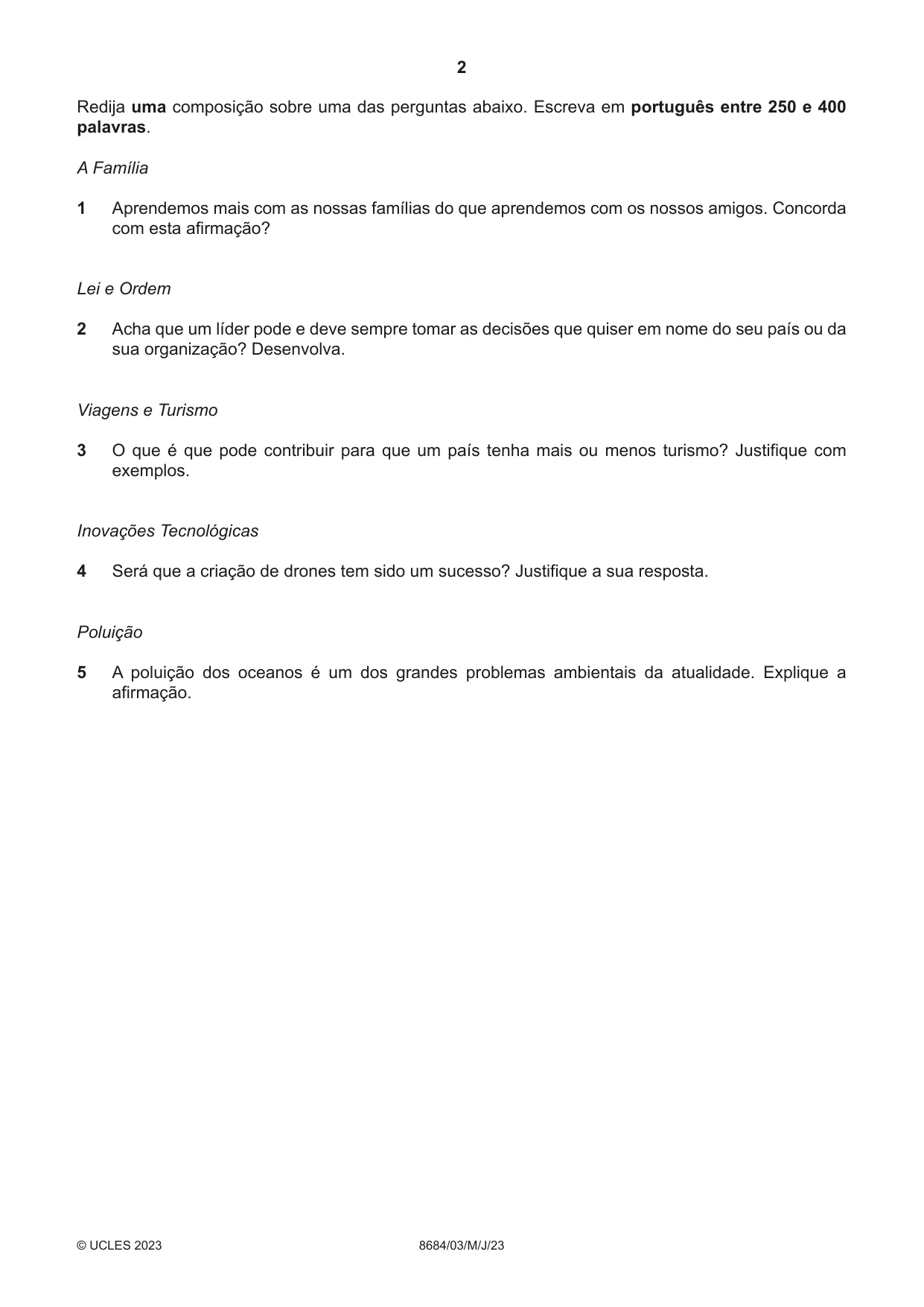 Cambridge A Level Portuguese - Language (AS Level only) 8684 2023 May/June Paper 3 · Variant 0 question paper, page 2 of 8