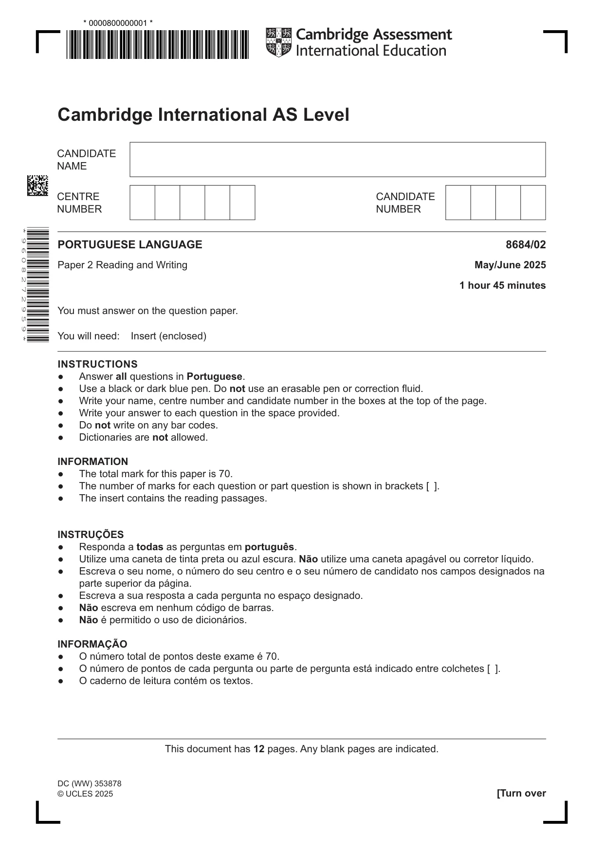 Cambridge A Level Portuguese - Language (AS Level only) 8684 2025 May/June Paper 2 · Variant 0 question paper, page 1 of 12