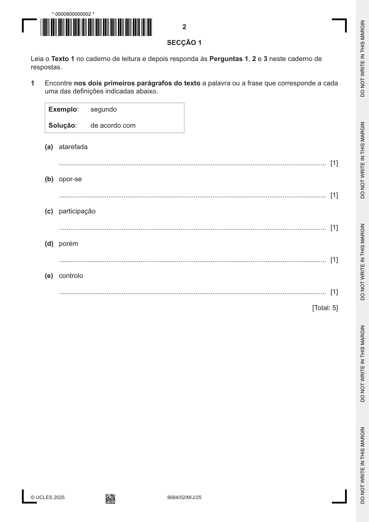 Cambridge A Level Portuguese - Language (AS Level only) 8684 2025 May/June Paper 2 · Variant 0 question paper, page 2 of 12