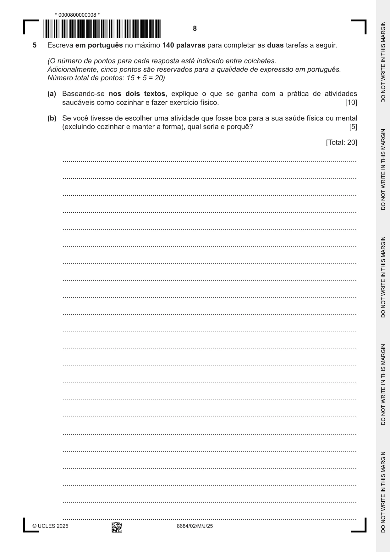 Cambridge A Level Portuguese - Language (AS Level only) 8684 2025 May/June Paper 2 · Variant 0 question paper, page 8 of 12