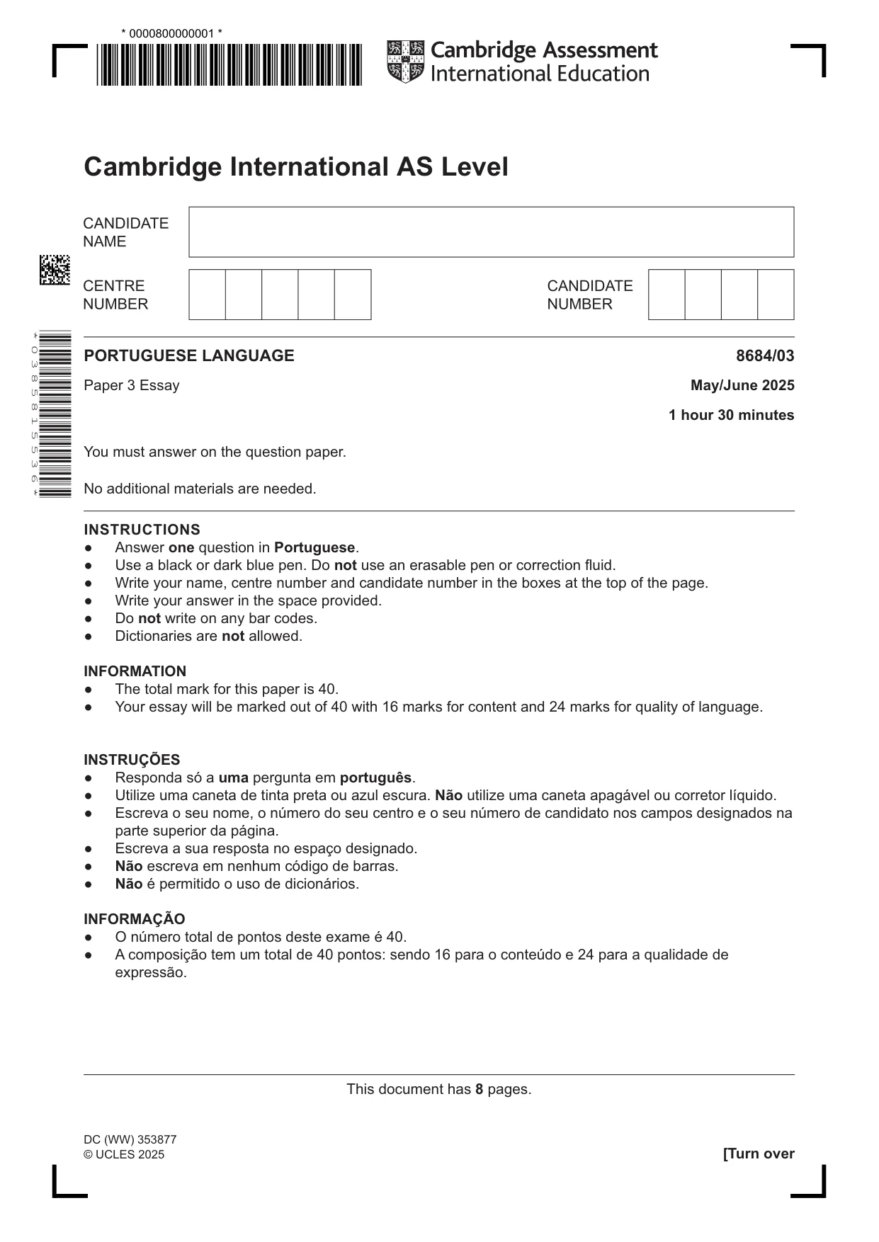 Cambridge A Level Portuguese - Language (AS Level only) 8684 2025 May/June Paper 3 · Variant 0 question paper, page 1 of 8