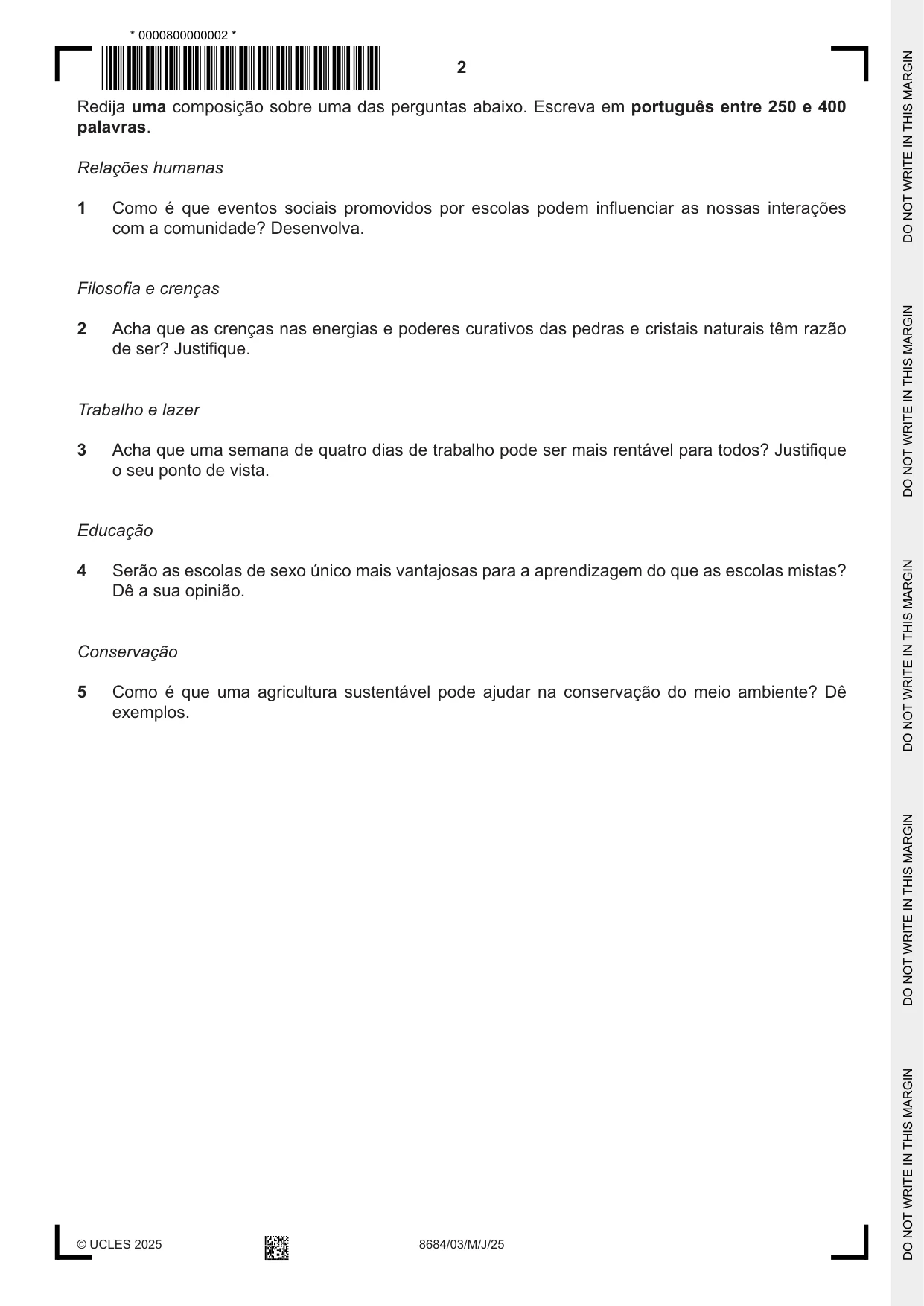 Cambridge A Level Portuguese - Language (AS Level only) 8684 2025 May/June Paper 3 · Variant 0 question paper, page 2 of 8