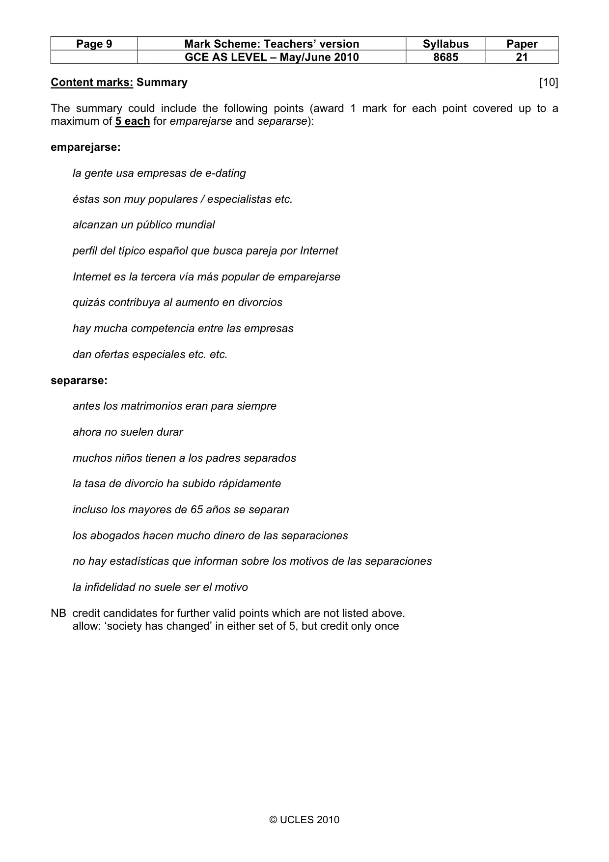 Mark scheme, page 9 of 10