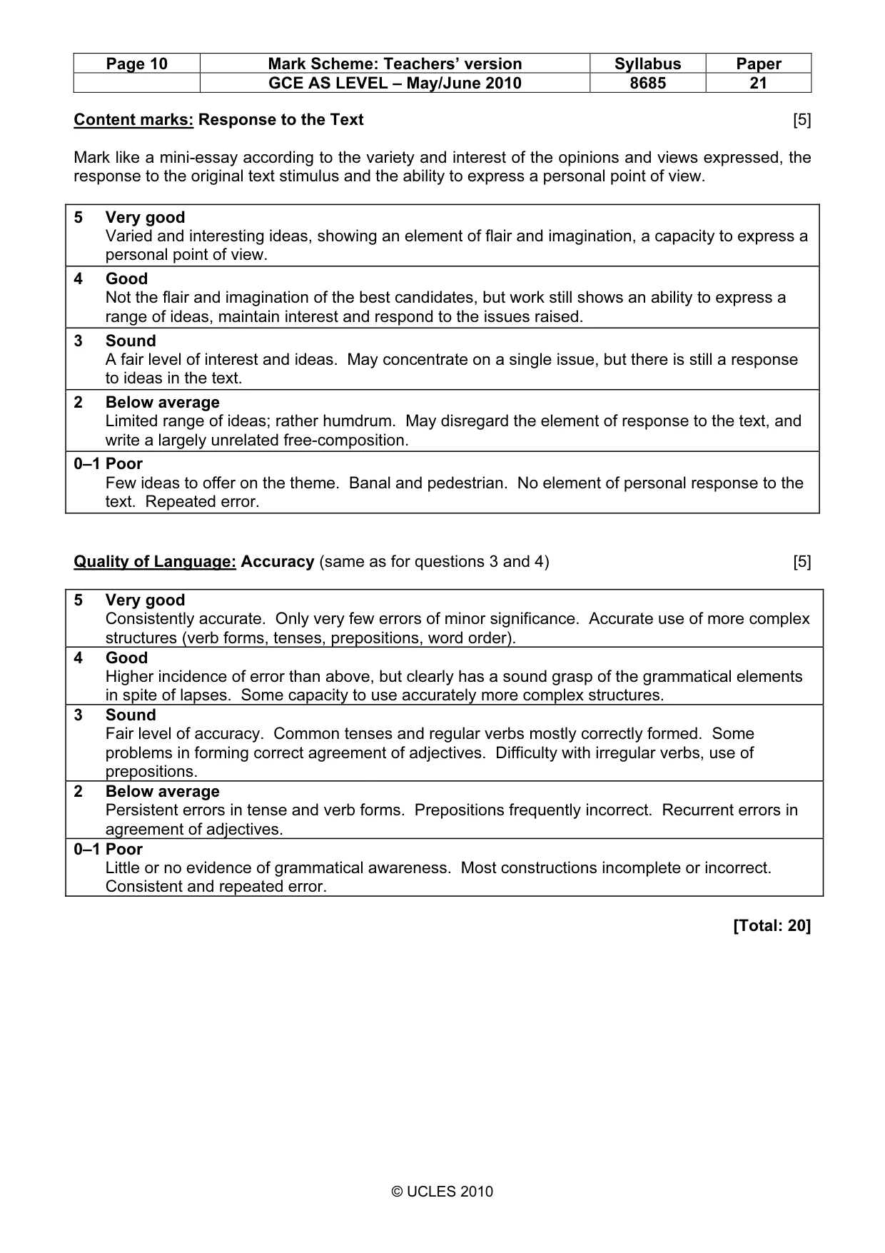 Mark scheme, page 10 of 10