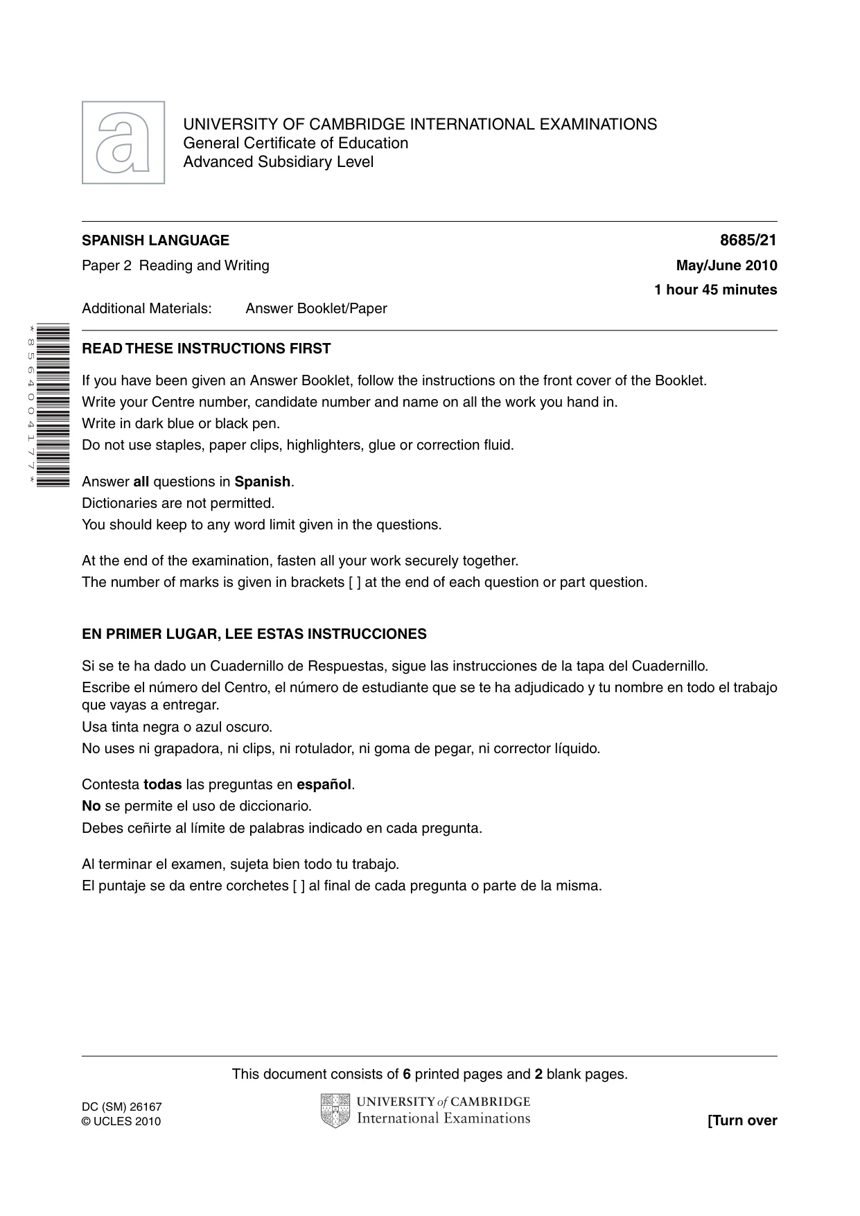 Cambridge A Level Spanish - Language (AS Level only) 8685 2010 May/June Paper 2 · Variant 1 question paper, page 1 of 8