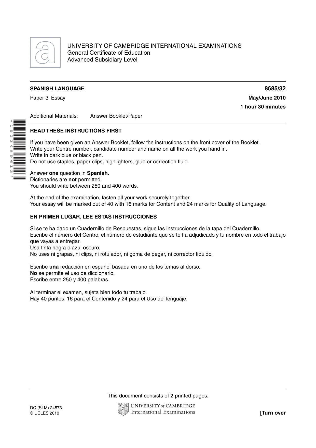 Cambridge A Level Spanish - Language (AS Level only) 8685 2010 May/June Paper 3 · Variant 2 question paper, page 1 of 2