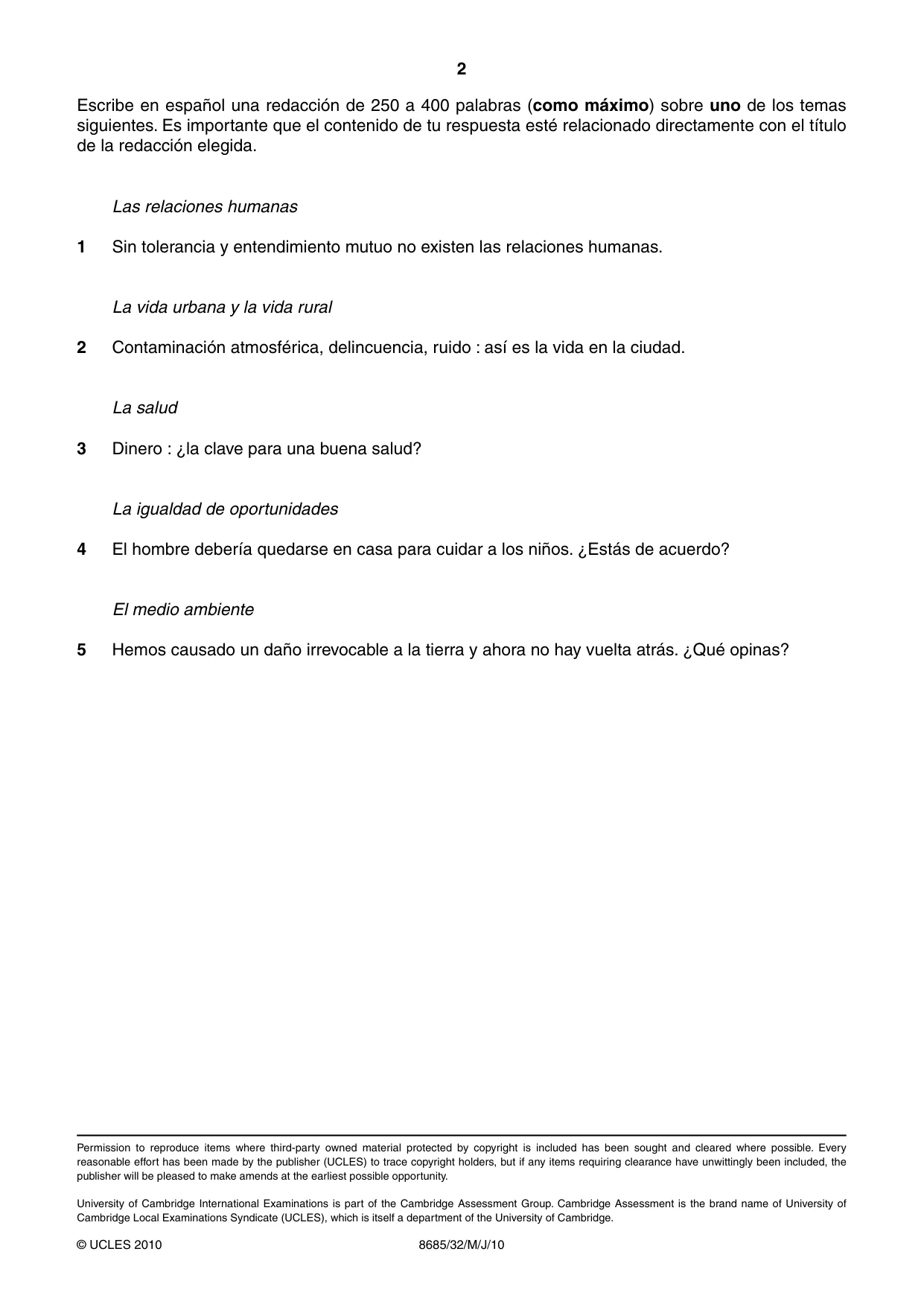 Cambridge A Level Spanish - Language (AS Level only) 8685 2010 May/June Paper 3 · Variant 2 question paper, page 2 of 2