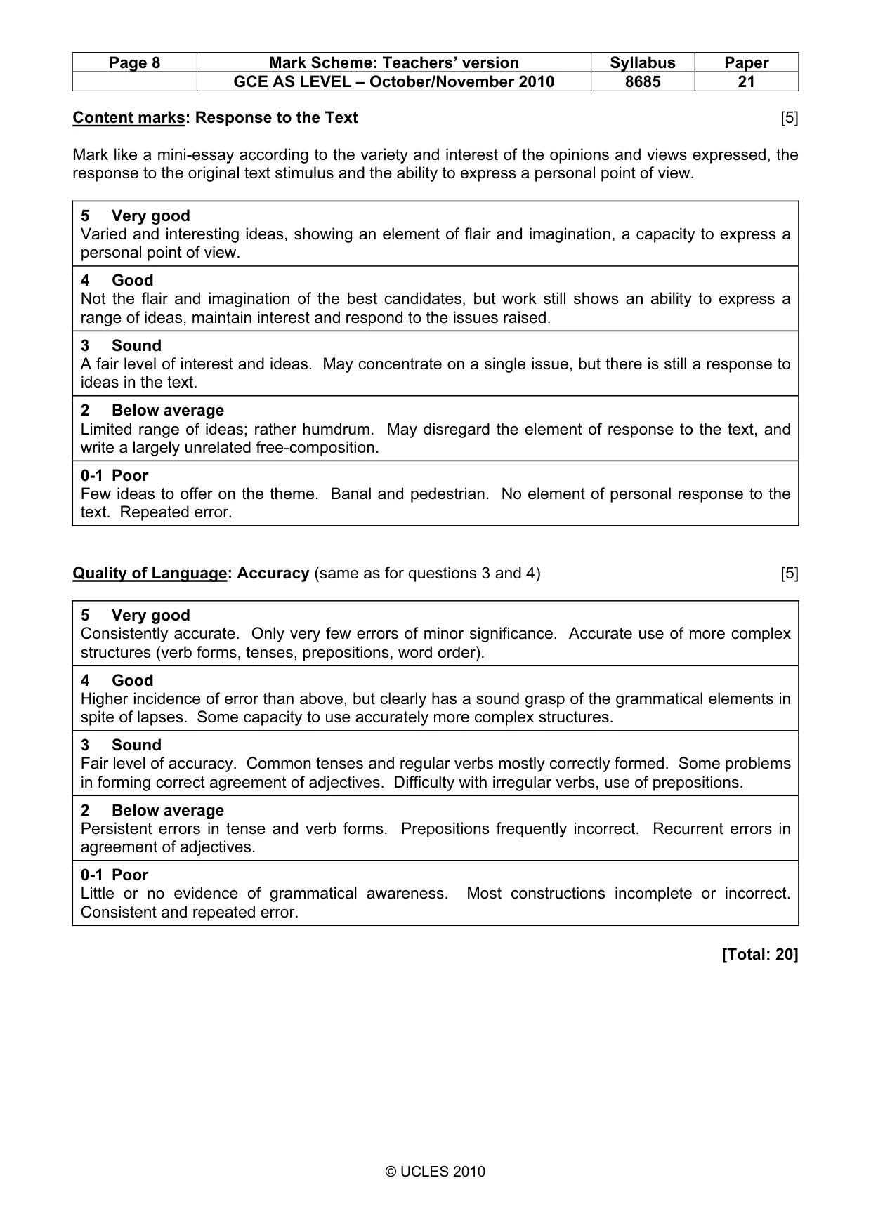 Mark scheme, page 8 of 8