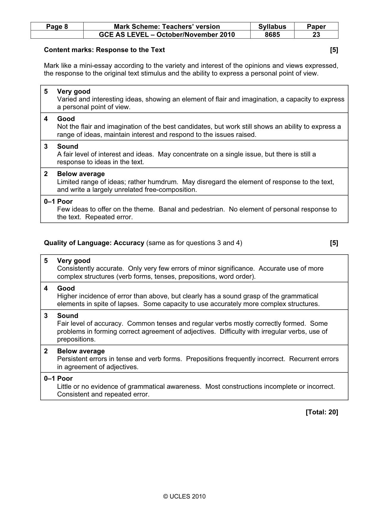 Mark scheme, page 8 of 8