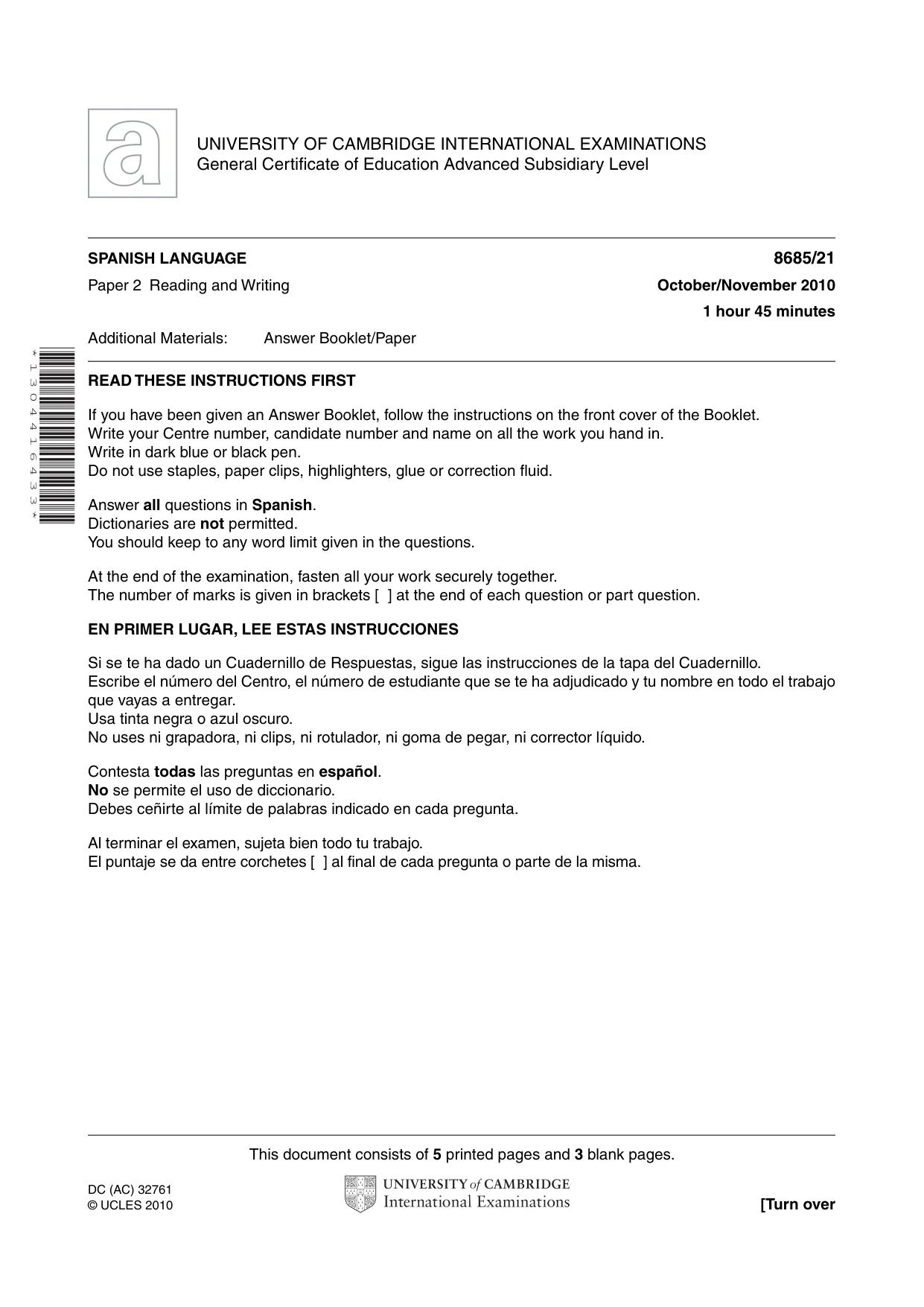 Cambridge A Level Spanish - Language (AS Level only) 8685 2010 Oct/Nov Paper 2 · Variant 1 question paper, page 1 of 8
