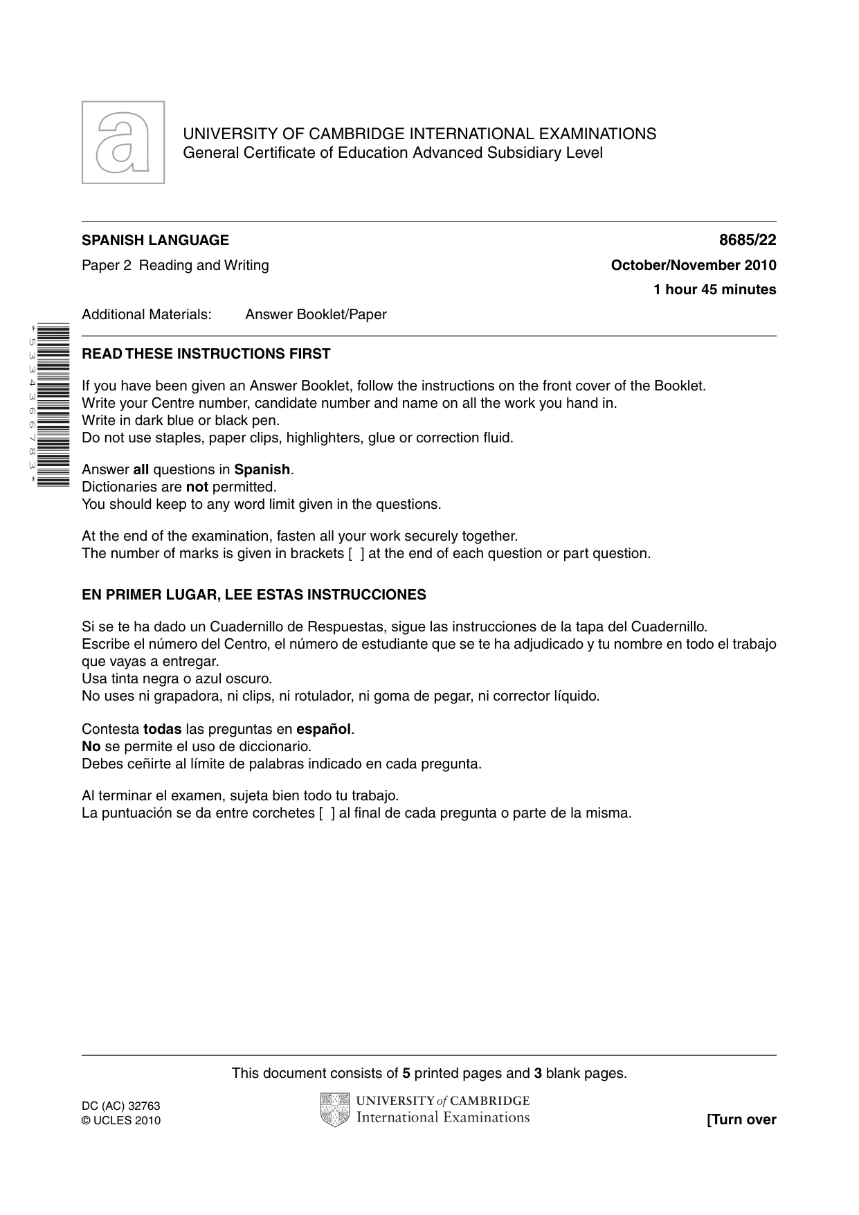 Cambridge A Level Spanish - Language (AS Level only) 8685 2010 Oct/Nov Paper 2 · Variant 2 question paper, page 1 of 8