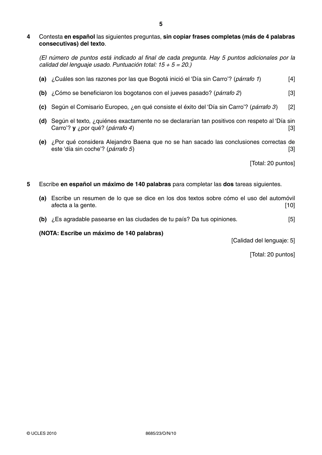 Cambridge A Level Spanish - Language (AS Level only) 8685 2010 Oct/Nov Paper 2 · Variant 3 question paper, page 5 of 8