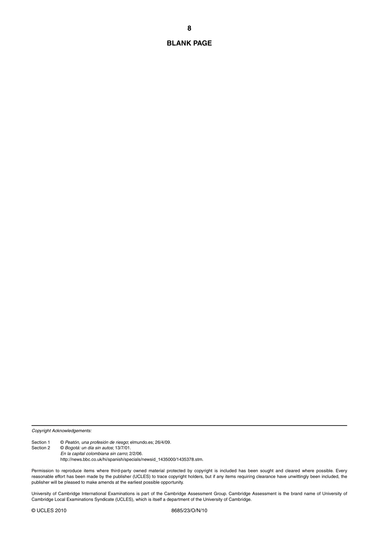 Cambridge A Level Spanish - Language (AS Level only) 8685 2010 Oct/Nov Paper 2 · Variant 3 question paper, page 8 of 8