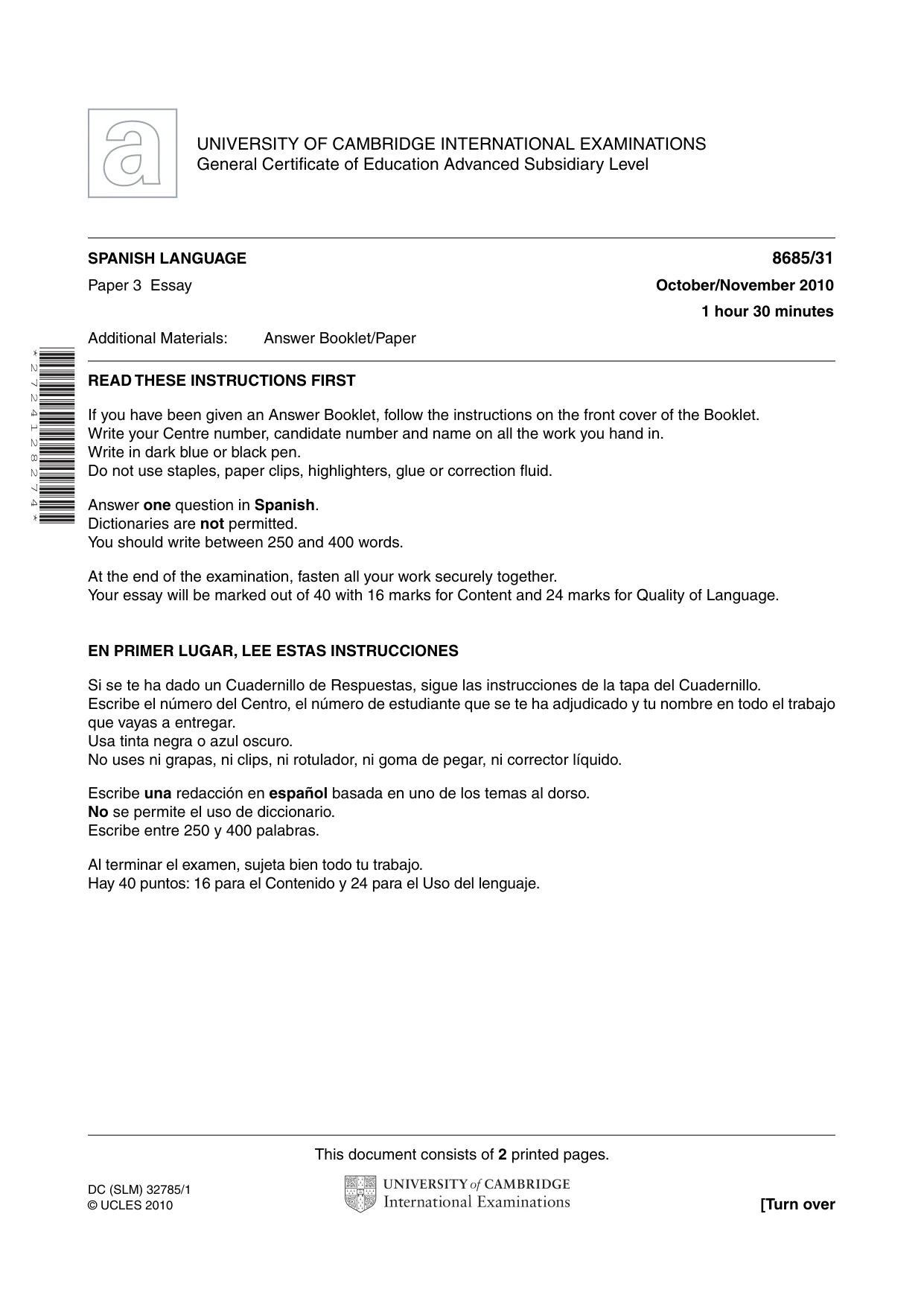 Cambridge A Level Spanish - Language (AS Level only) 8685 2010 Oct/Nov Paper 3 · Variant 1 question paper, page 1 of 2