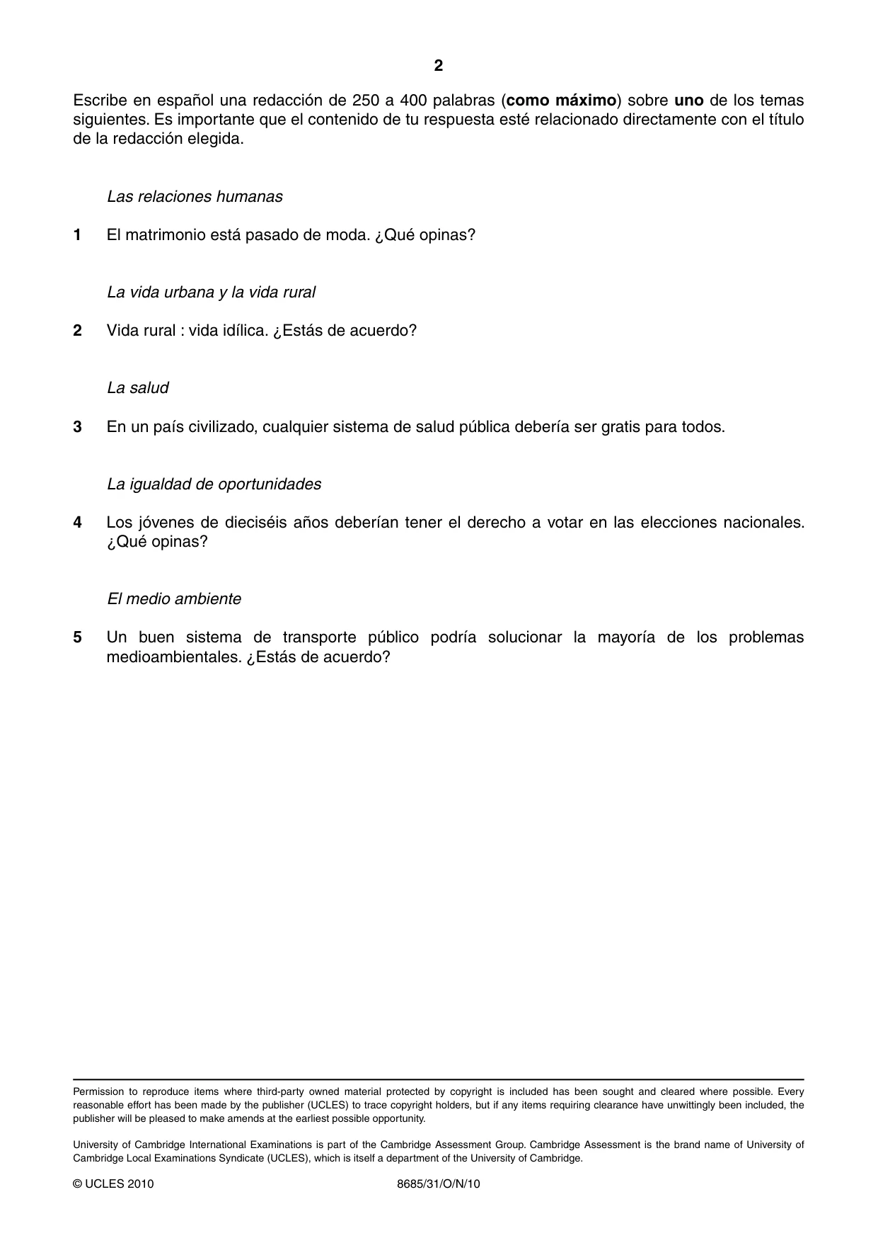 Cambridge A Level Spanish - Language (AS Level only) 8685 2010 Oct/Nov Paper 3 · Variant 1 question paper, page 2 of 2