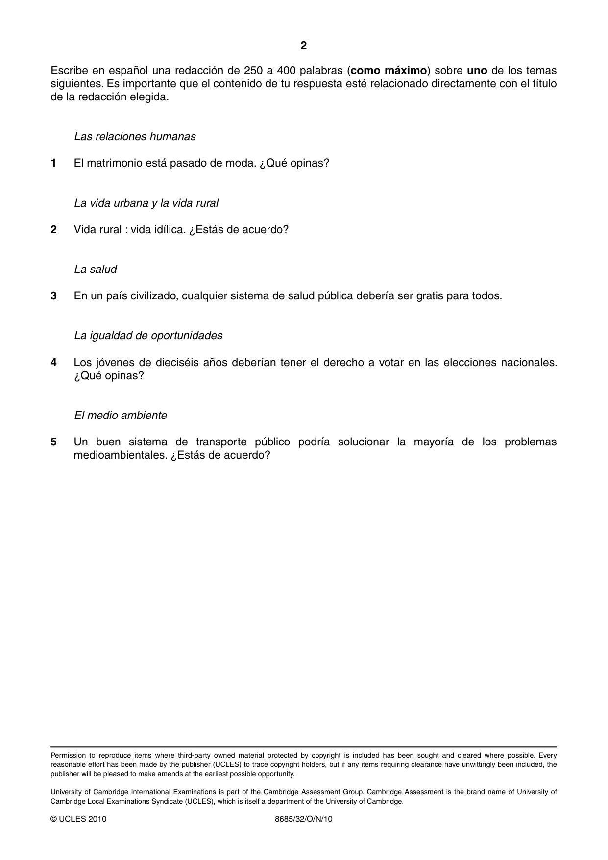 Cambridge A Level Spanish - Language (AS Level only) 8685 2010 Oct/Nov Paper 3 · Variant 2 question paper, page 2 of 2