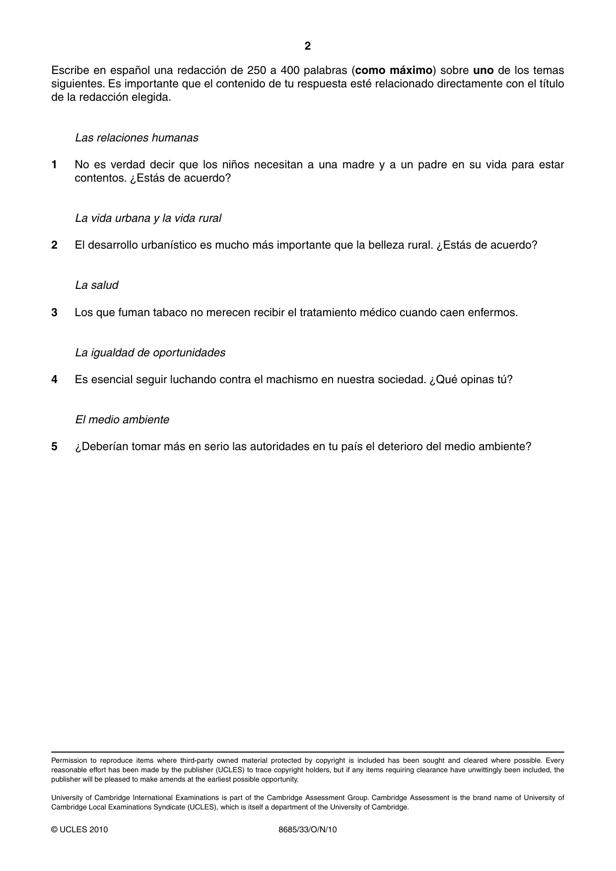 Cambridge A Level Spanish - Language (AS Level only) 8685 2010 Oct/Nov Paper 3 · Variant 3 question paper, page 2 of 2