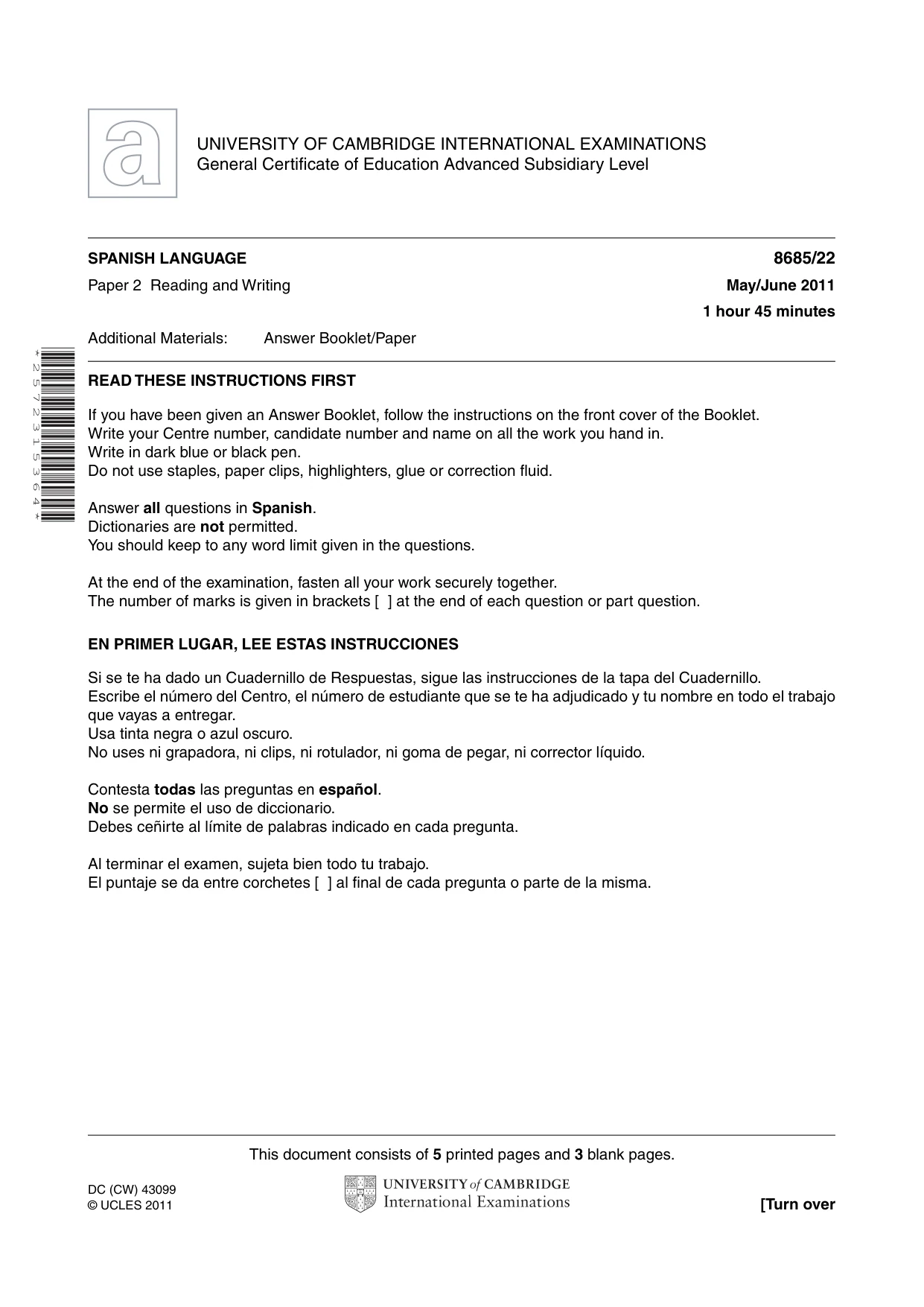 Cambridge A Level Spanish - Language (AS Level only) 8685 2011 May/June Paper 2 · Variant 2 question paper, page 1 of 8
