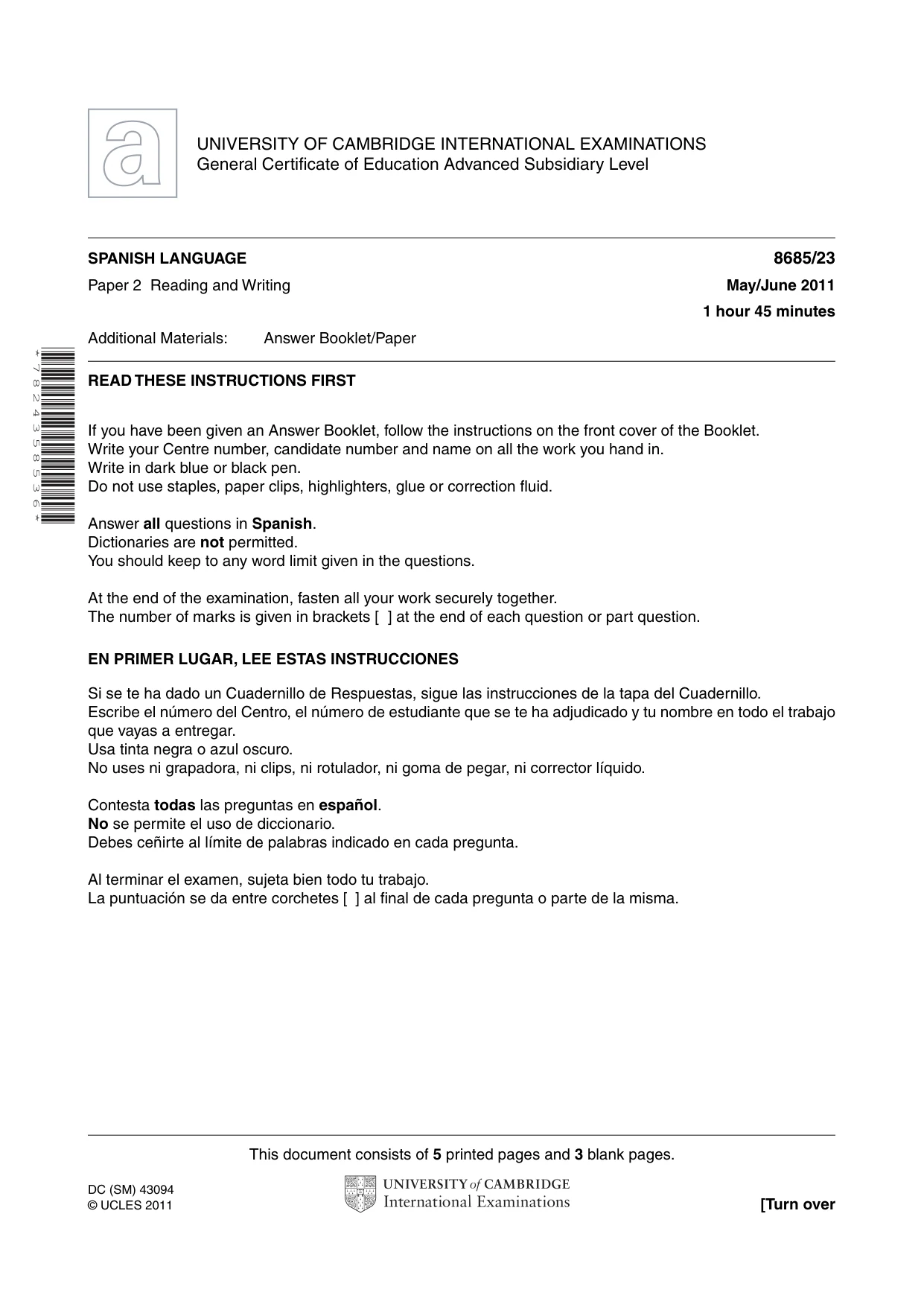 Cambridge A Level Spanish - Language (AS Level only) 8685 2011 May/June Paper 2 · Variant 3 question paper, page 1 of 8
