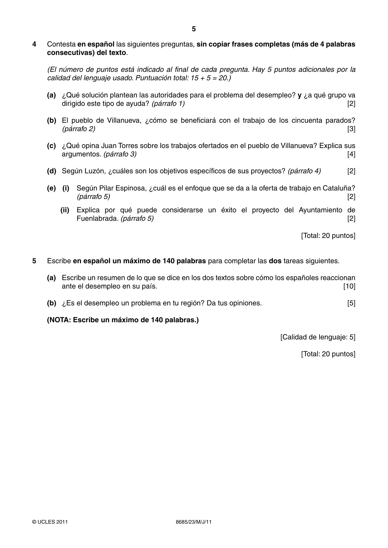 Cambridge A Level Spanish - Language (AS Level only) 8685 2011 May/June Paper 2 · Variant 3 question paper, page 5 of 8