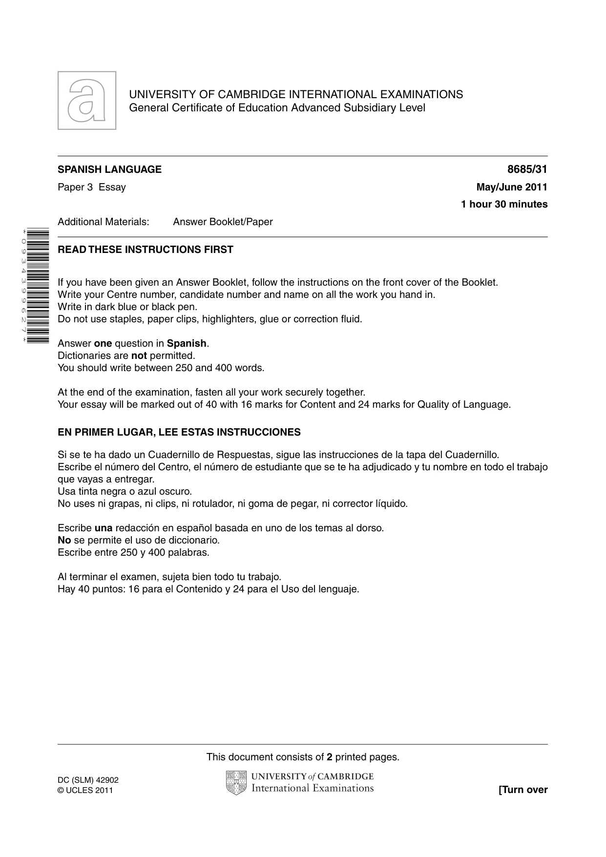 Cambridge A Level Spanish - Language (AS Level only) 8685 2011 May/June Paper 3 · Variant 1 question paper, page 1 of 2