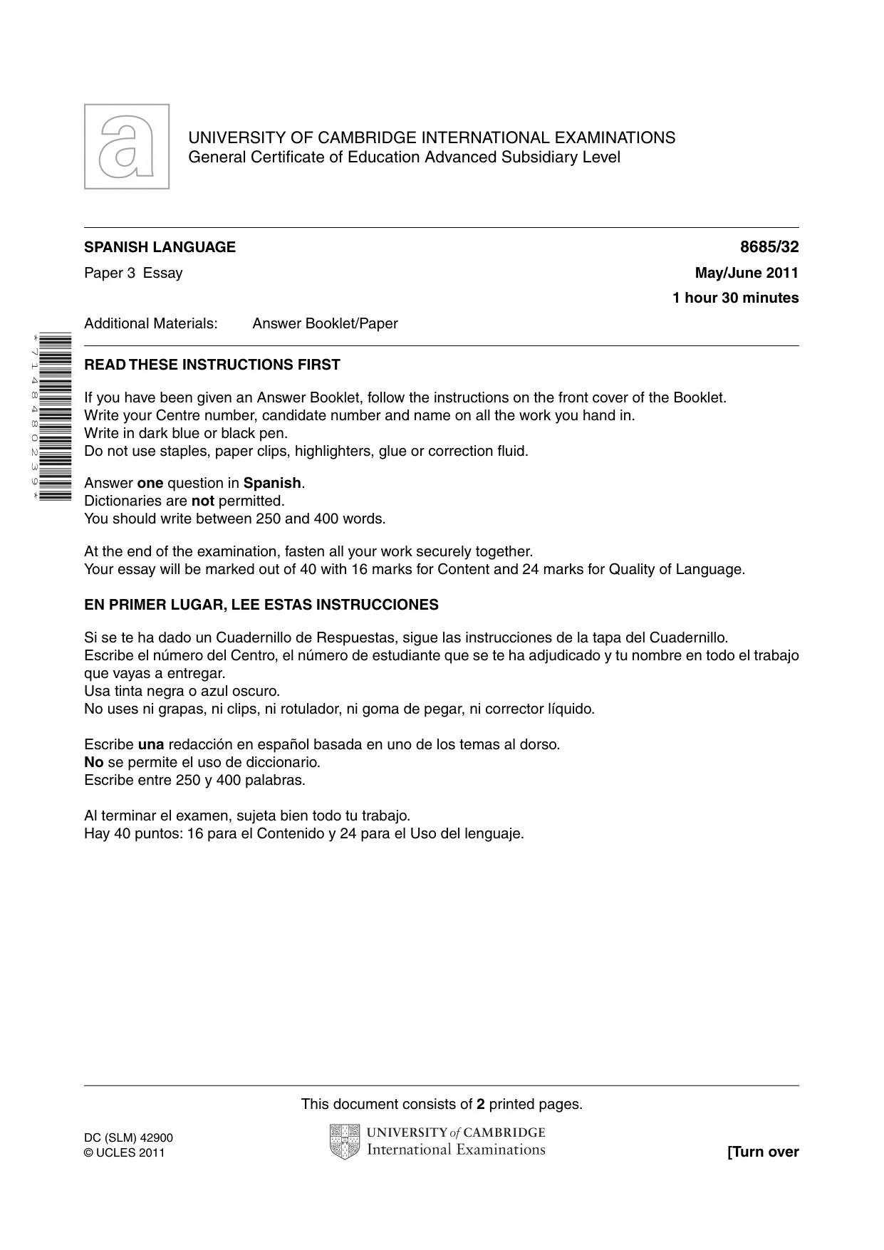 Cambridge A Level Spanish - Language (AS Level only) 8685 2011 May/June Paper 3 · Variant 2 question paper, page 1 of 2