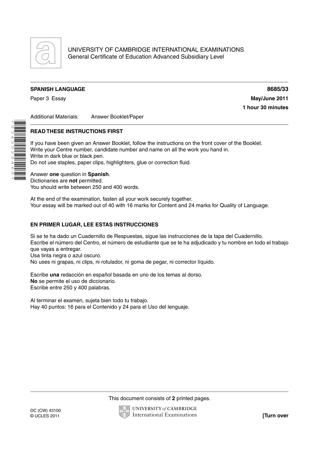 Cambridge A Level Spanish - Language (AS Level only) 8685 2011 May/June Paper 3 · Variant 3 question paper, page 1 of 2