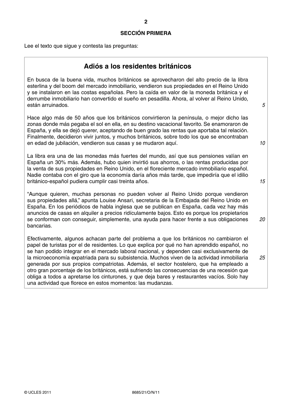 Cambridge A Level Spanish - Language (AS Level only) 8685 2011 Oct/Nov Paper 2 · Variant 1 question paper, page 2 of 8