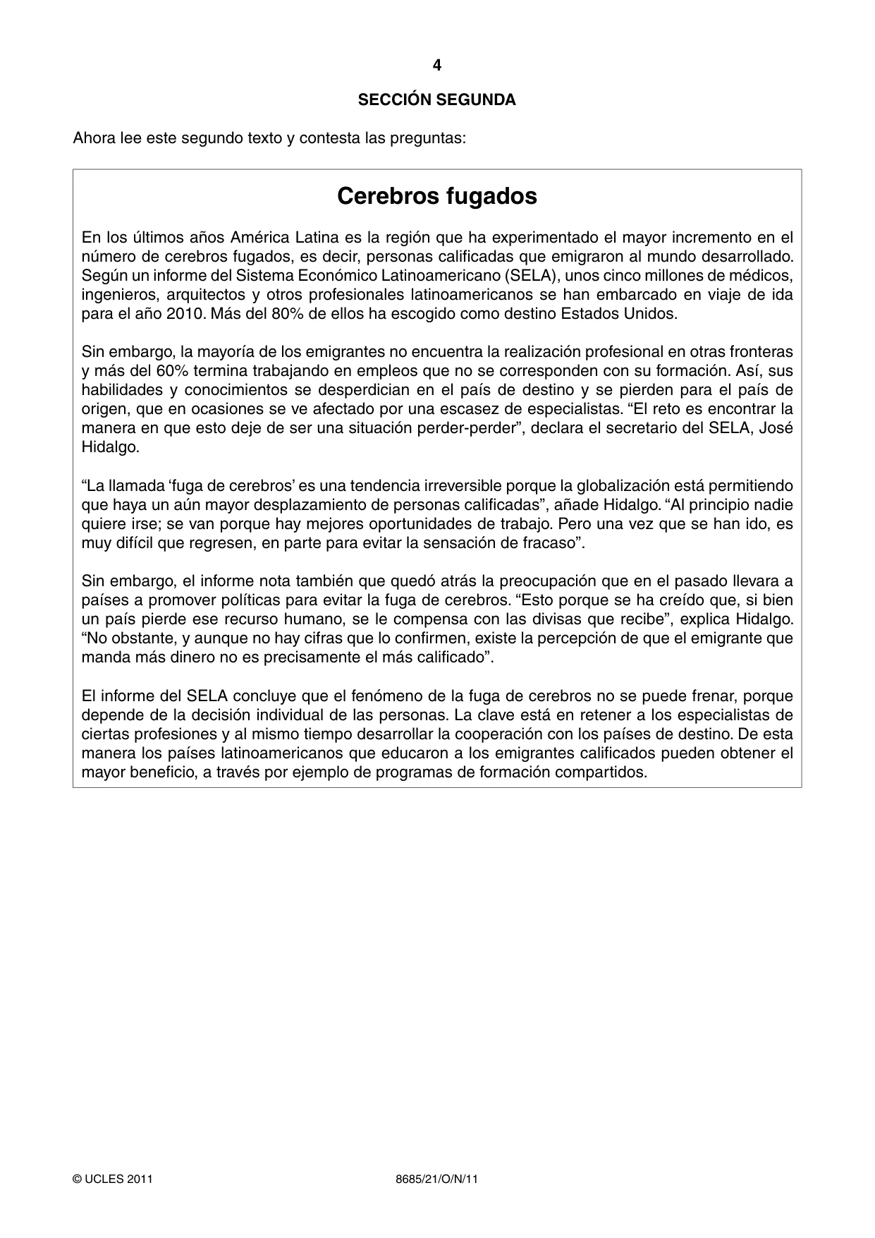 Cambridge A Level Spanish - Language (AS Level only) 8685 2011 Oct/Nov Paper 2 · Variant 1 question paper, page 4 of 8