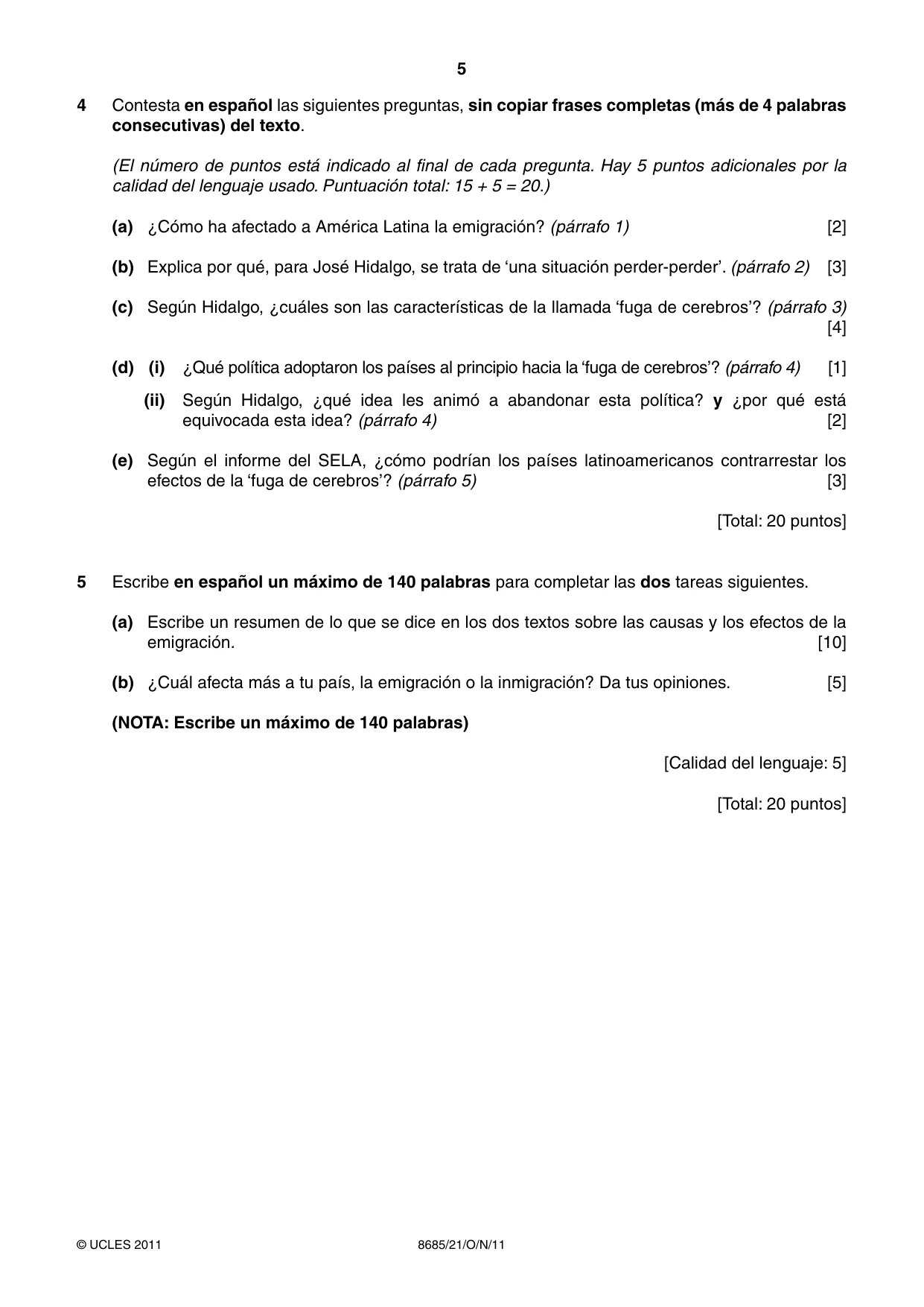 Cambridge A Level Spanish - Language (AS Level only) 8685 2011 Oct/Nov Paper 2 · Variant 1 question paper, page 5 of 8