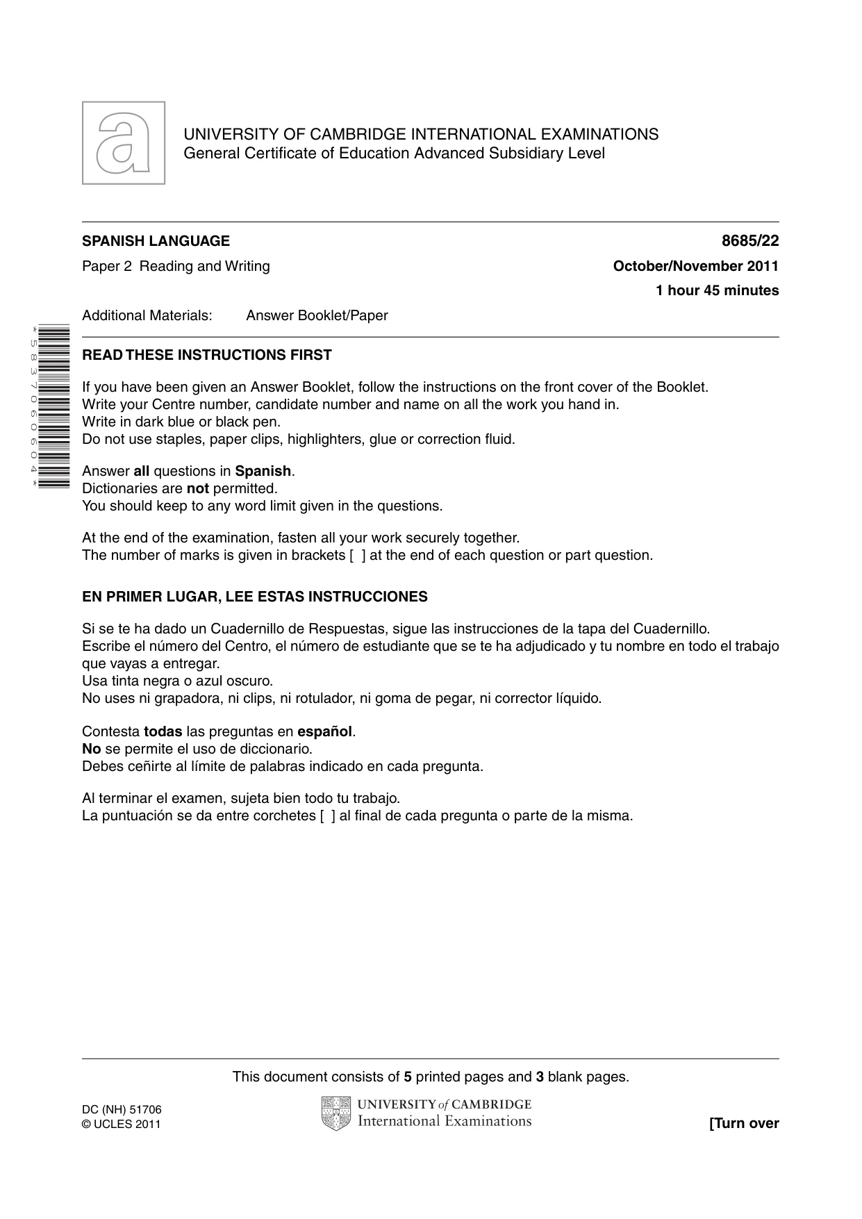 Cambridge A Level Spanish - Language (AS Level only) 8685 2011 Oct/Nov Paper 2 · Variant 2 question paper, page 1 of 8
