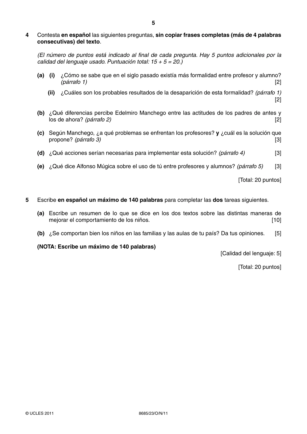 Cambridge A Level Spanish - Language (AS Level only) 8685 2011 Oct/Nov Paper 2 · Variant 3 question paper, page 5 of 8