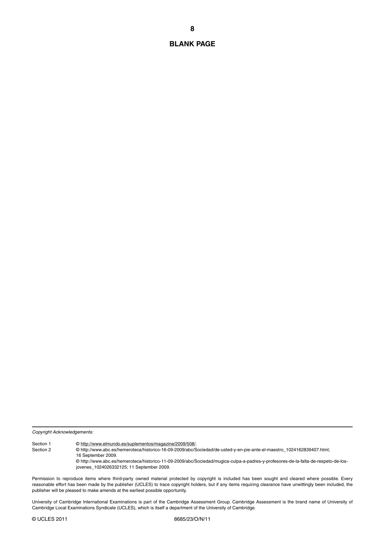 Cambridge A Level Spanish - Language (AS Level only) 8685 2011 Oct/Nov Paper 2 · Variant 3 question paper, page 8 of 8