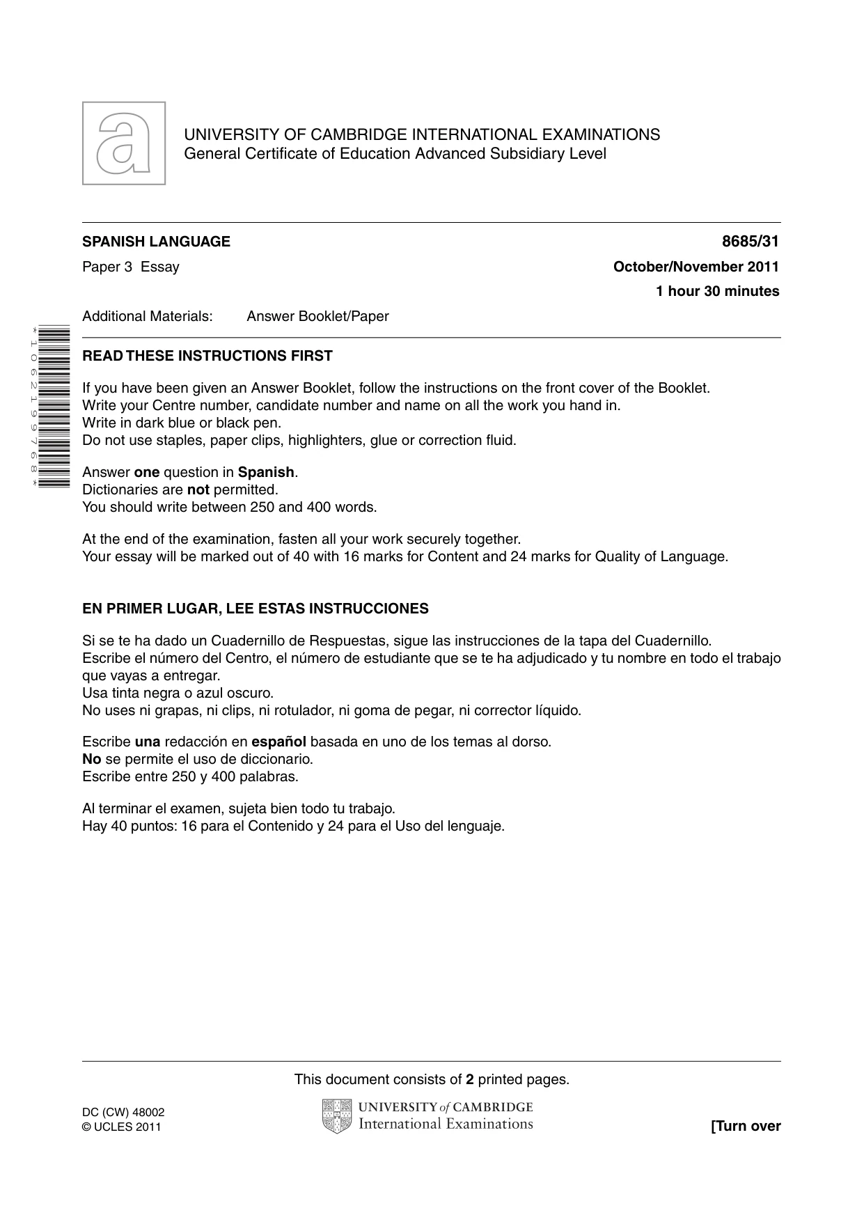 Cambridge A Level Spanish - Language (AS Level only) 8685 2011 Oct/Nov Paper 3 · Variant 1 question paper, page 1 of 2