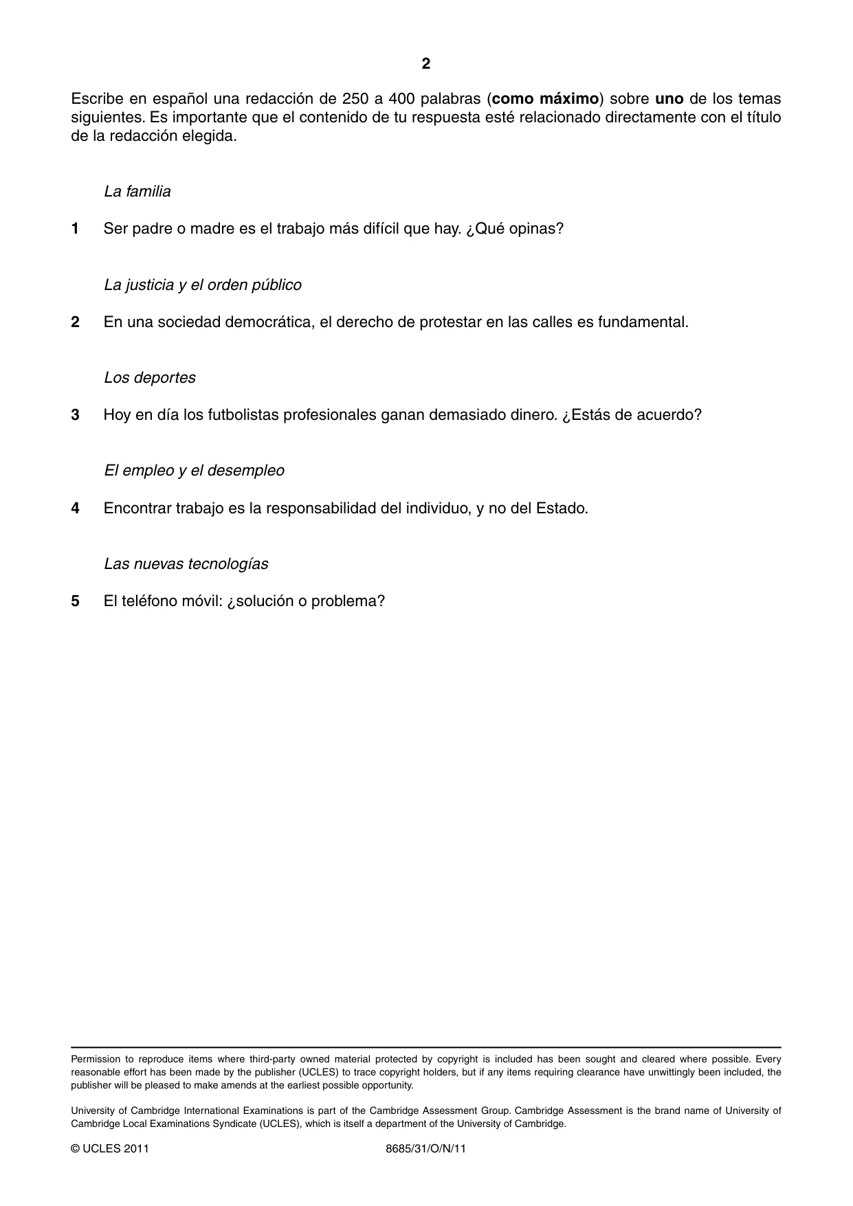 Cambridge A Level Spanish - Language (AS Level only) 8685 2011 Oct/Nov Paper 3 · Variant 1 question paper, page 2 of 2