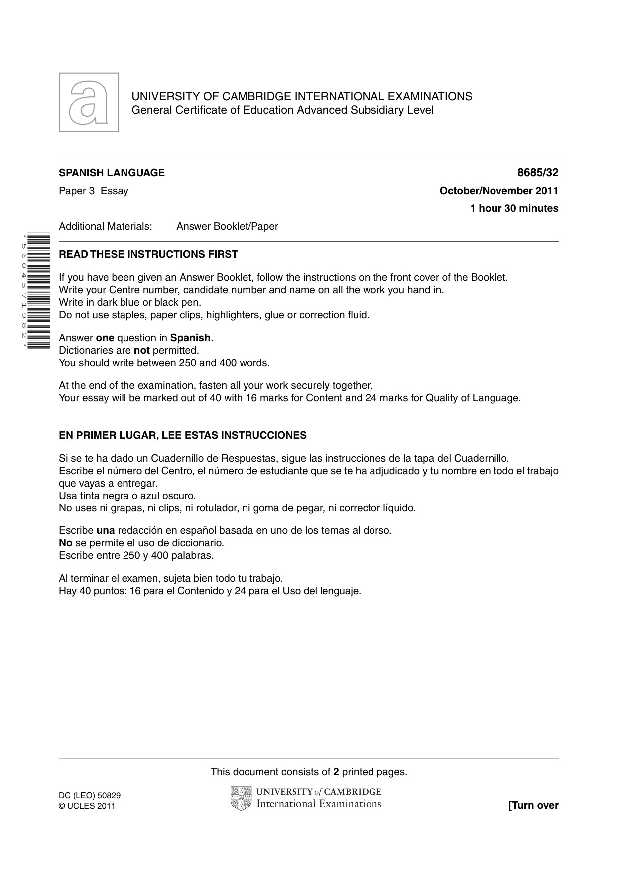 Cambridge A Level Spanish - Language (AS Level only) 8685 2011 Oct/Nov Paper 3 · Variant 2 question paper, page 1 of 2