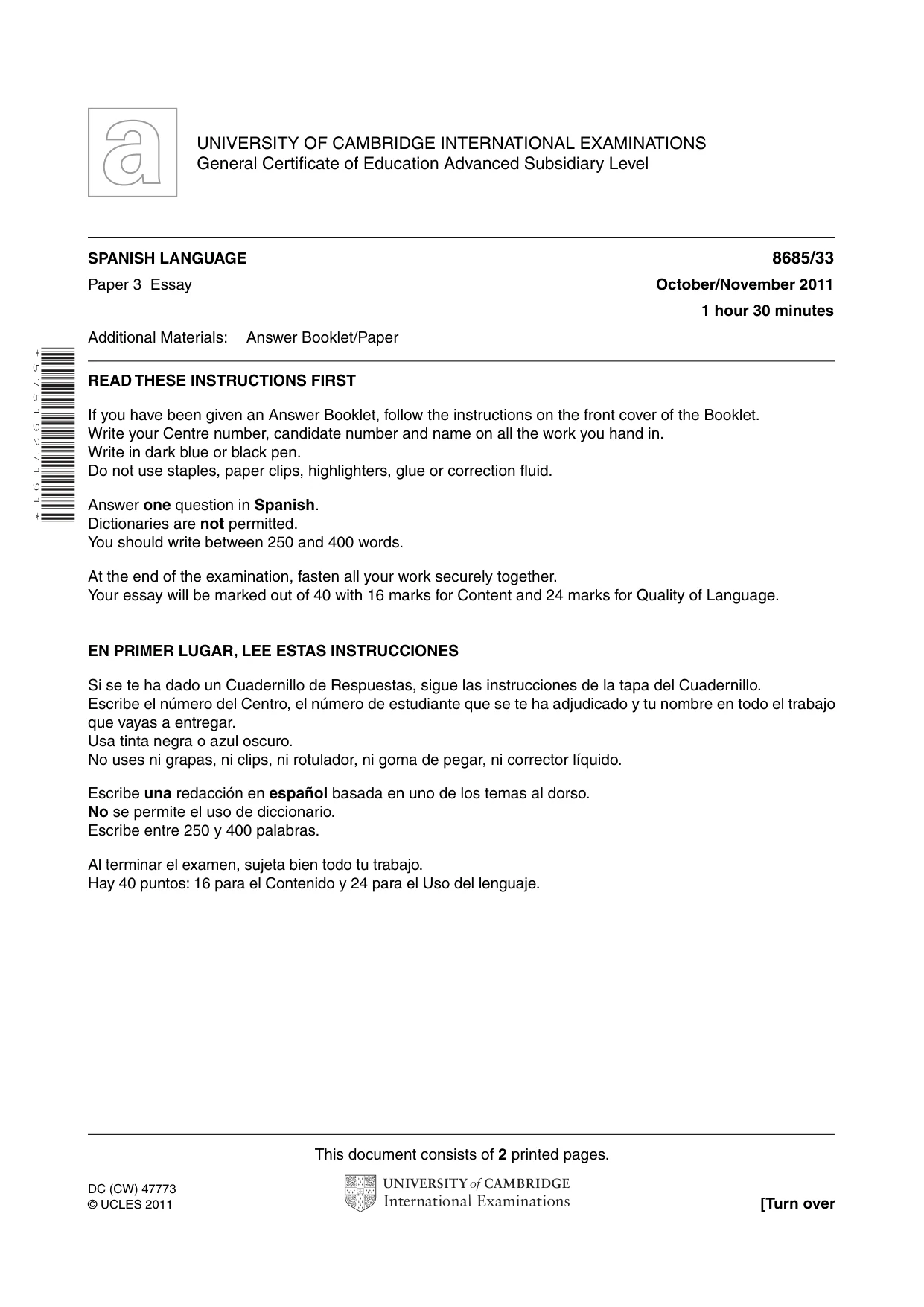 Cambridge A Level Spanish - Language (AS Level only) 8685 2011 Oct/Nov Paper 3 · Variant 3 question paper, page 1 of 2