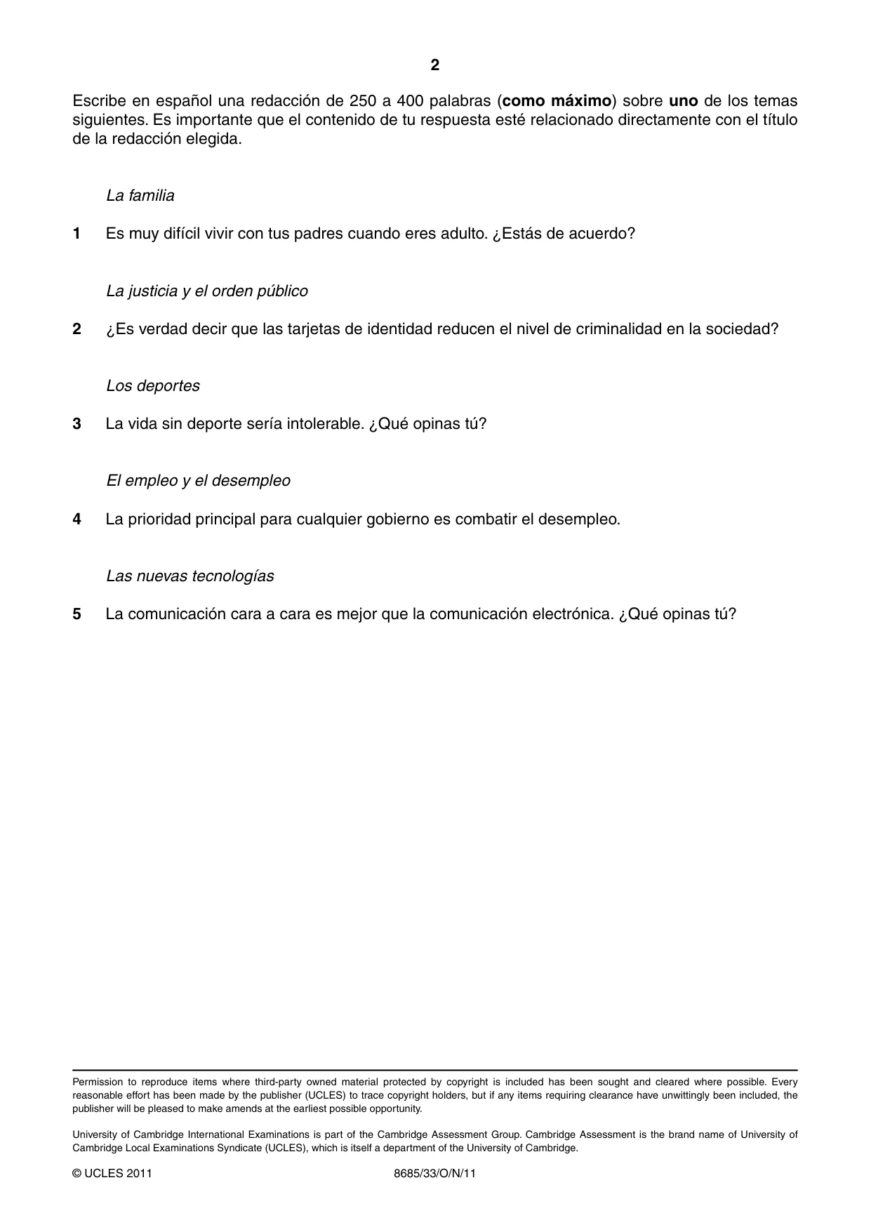 Cambridge A Level Spanish - Language (AS Level only) 8685 2011 Oct/Nov Paper 3 · Variant 3 question paper, page 2 of 2