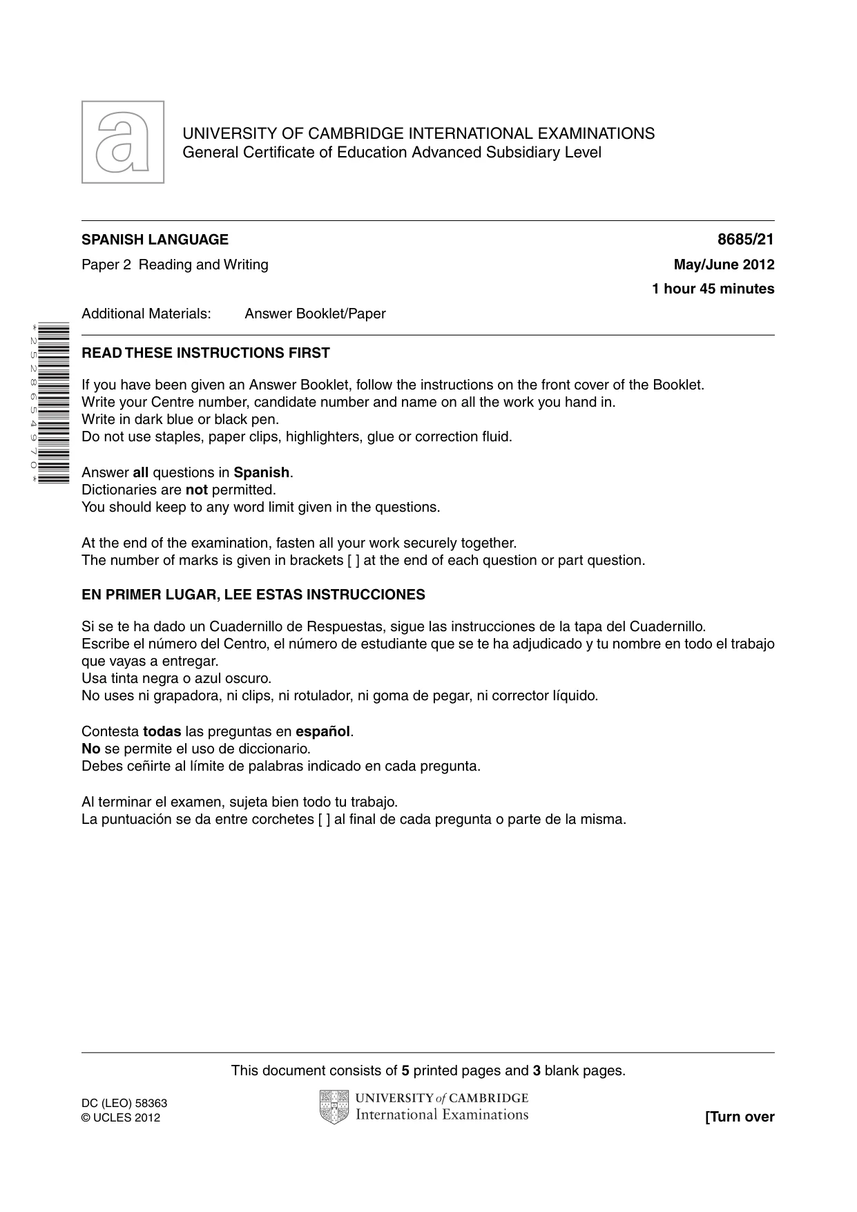 Cambridge A Level Spanish - Language (AS Level only) 8685 2012 May/June Paper 2 · Variant 1 question paper, page 1 of 8