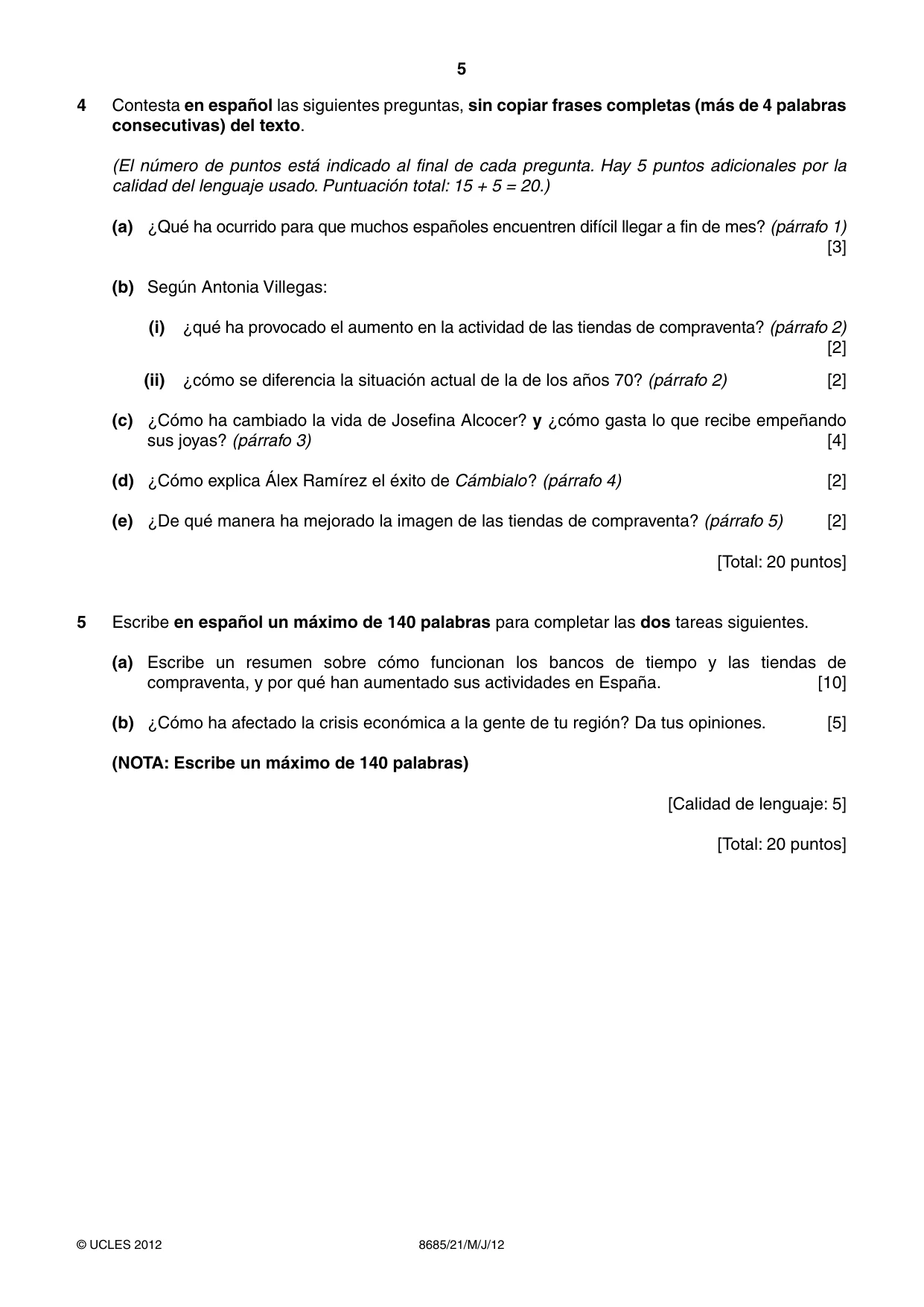 Cambridge A Level Spanish - Language (AS Level only) 8685 2012 May/June Paper 2 · Variant 1 question paper, page 5 of 8