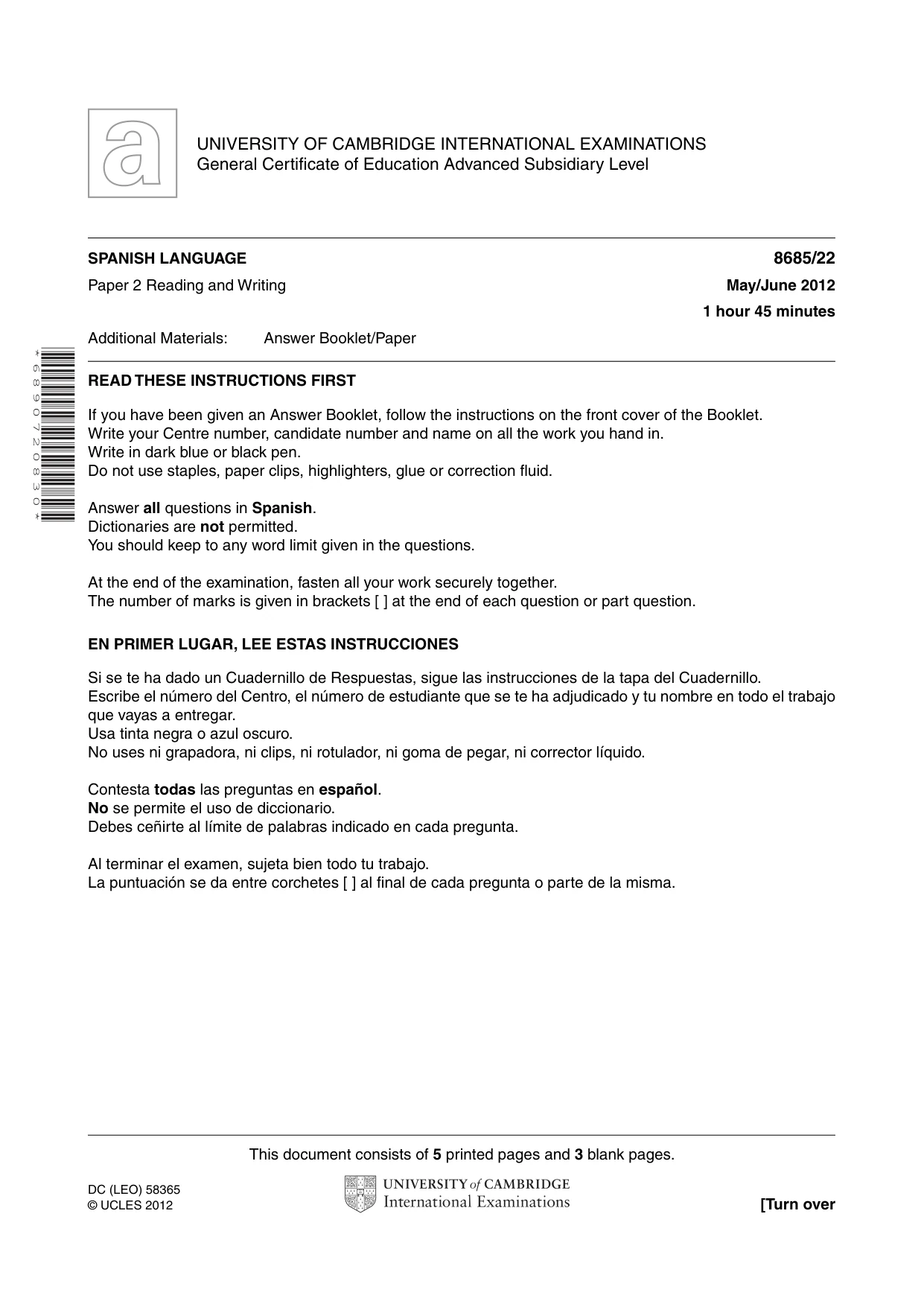 Cambridge A Level Spanish - Language (AS Level only) 8685 2012 May/June Paper 2 · Variant 2 question paper, page 1 of 8