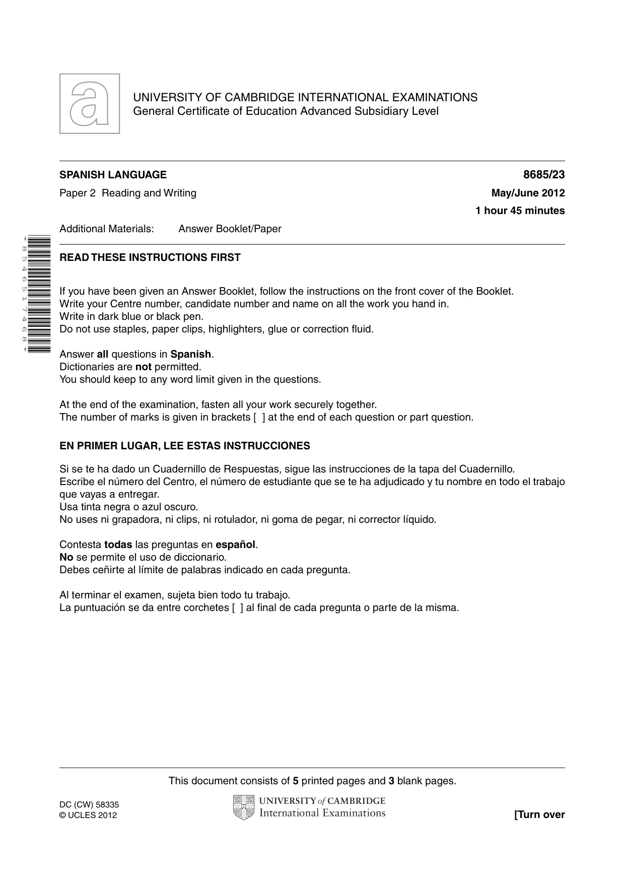 Cambridge A Level Spanish - Language (AS Level only) 8685 2012 May/June Paper 2 · Variant 3 question paper, page 1 of 8