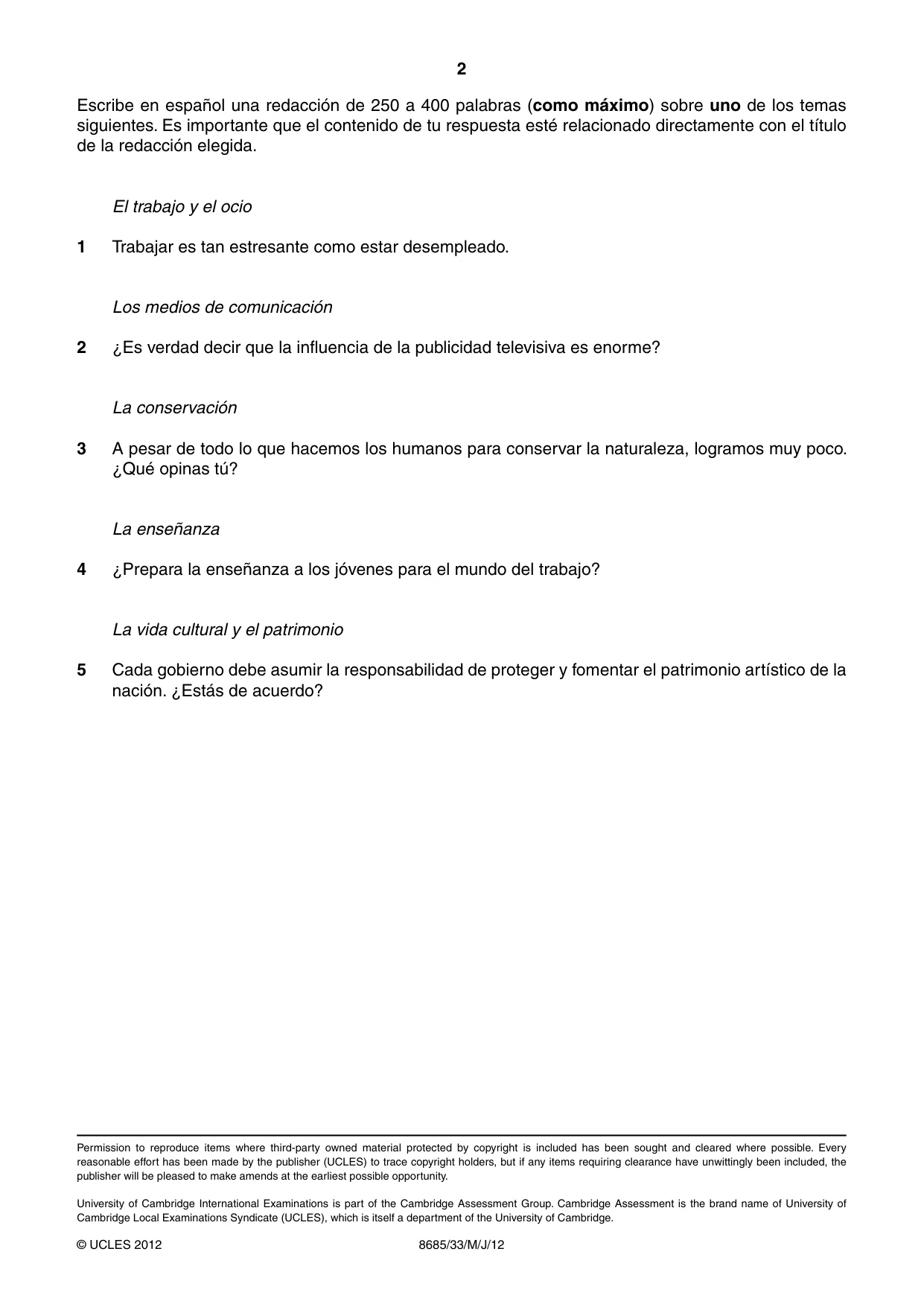 Cambridge A Level Spanish - Language (AS Level only) 8685 2012 May/June Paper 3 · Variant 3 question paper, page 2 of 2