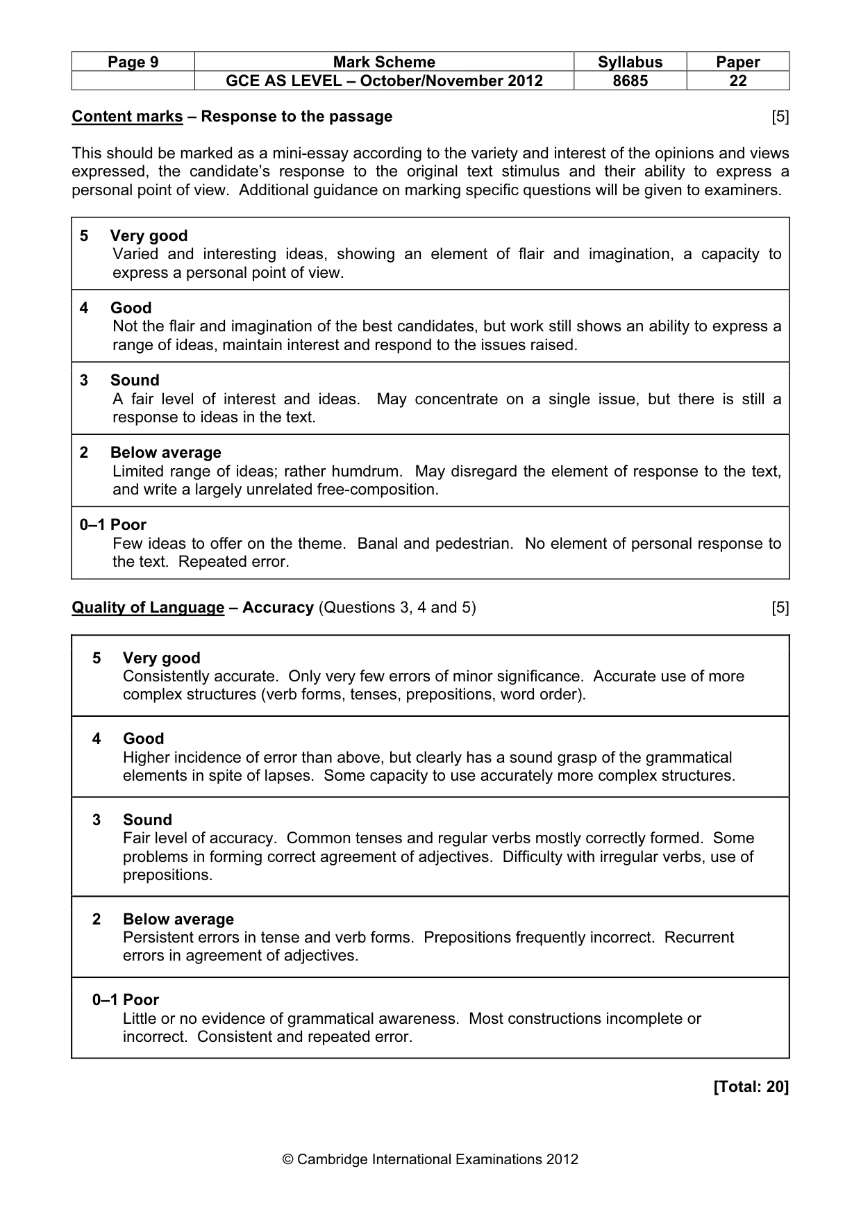 Mark scheme, page 9 of 9