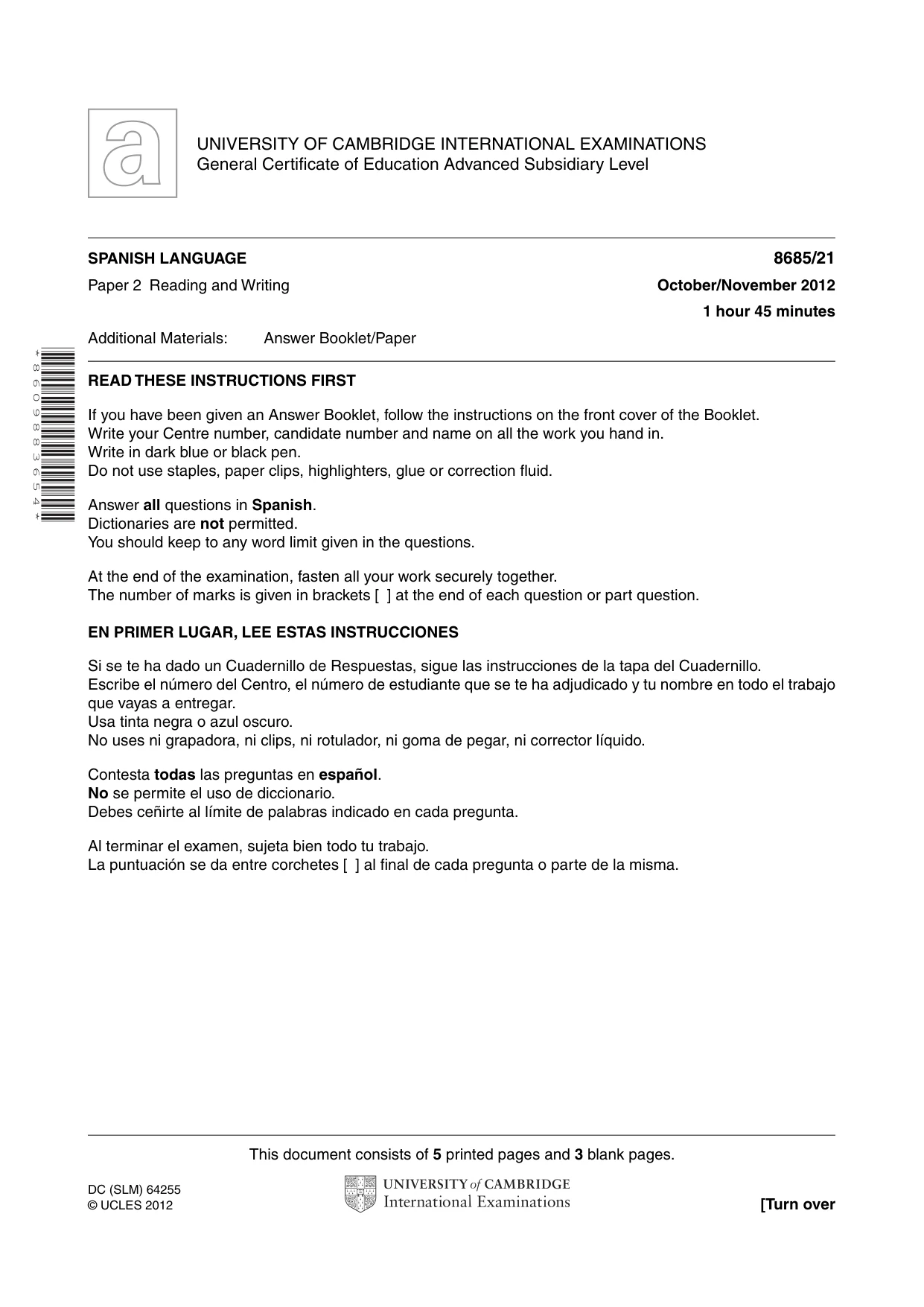 Cambridge A Level Spanish - Language (AS Level only) 8685 2012 Oct/Nov Paper 2 · Variant 1 question paper, page 1 of 8