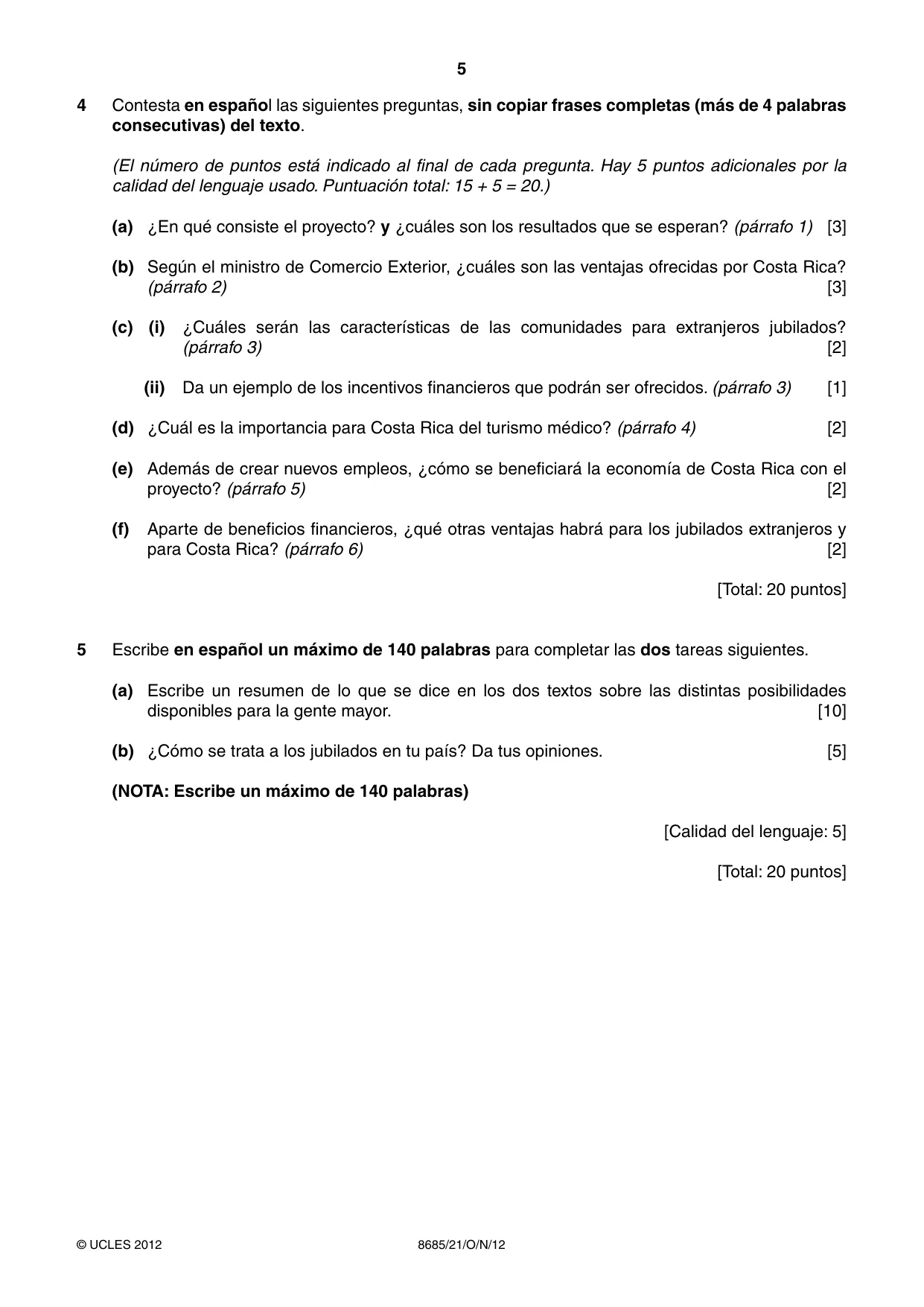 Cambridge A Level Spanish - Language (AS Level only) 8685 2012 Oct/Nov Paper 2 · Variant 1 question paper, page 5 of 8