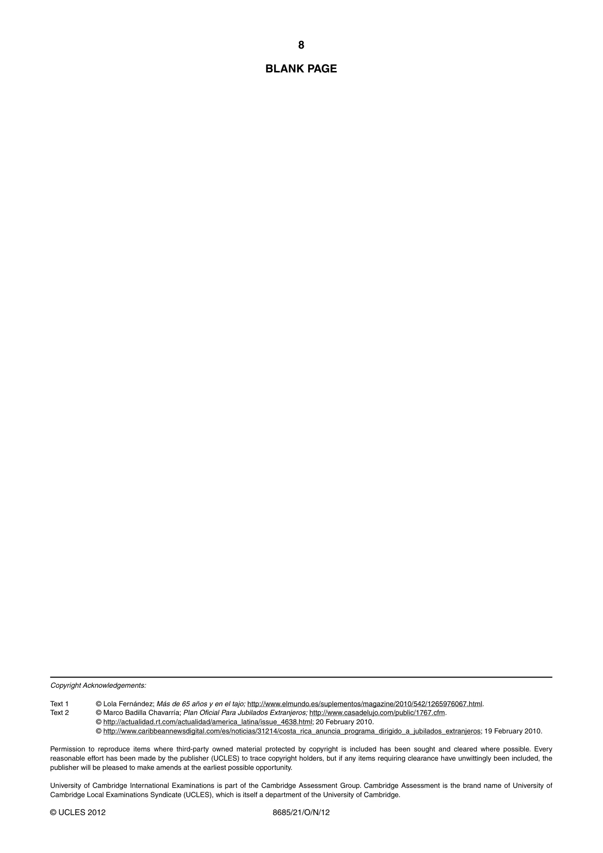 Cambridge A Level Spanish - Language (AS Level only) 8685 2012 Oct/Nov Paper 2 · Variant 1 question paper, page 8 of 8