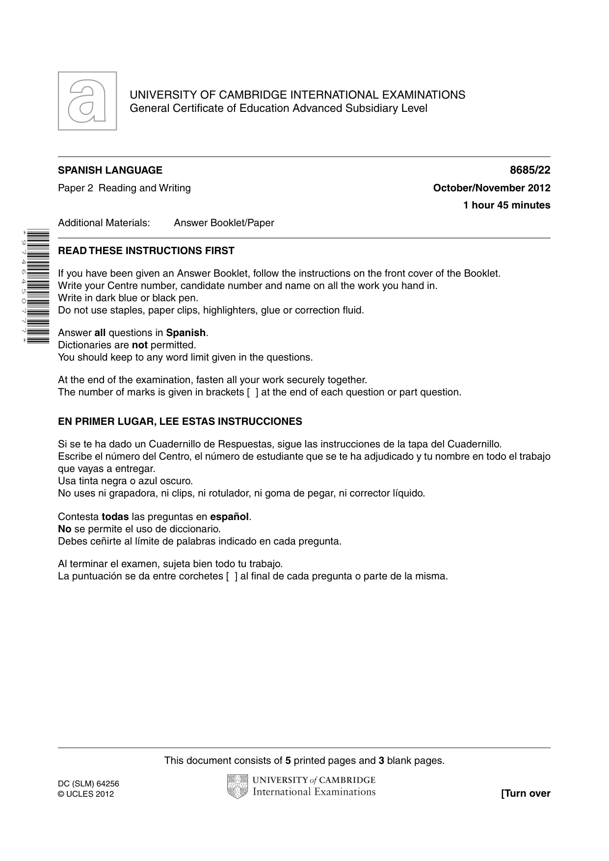 Cambridge A Level Spanish - Language (AS Level only) 8685 2012 Oct/Nov Paper 2 · Variant 2 question paper, page 1 of 8