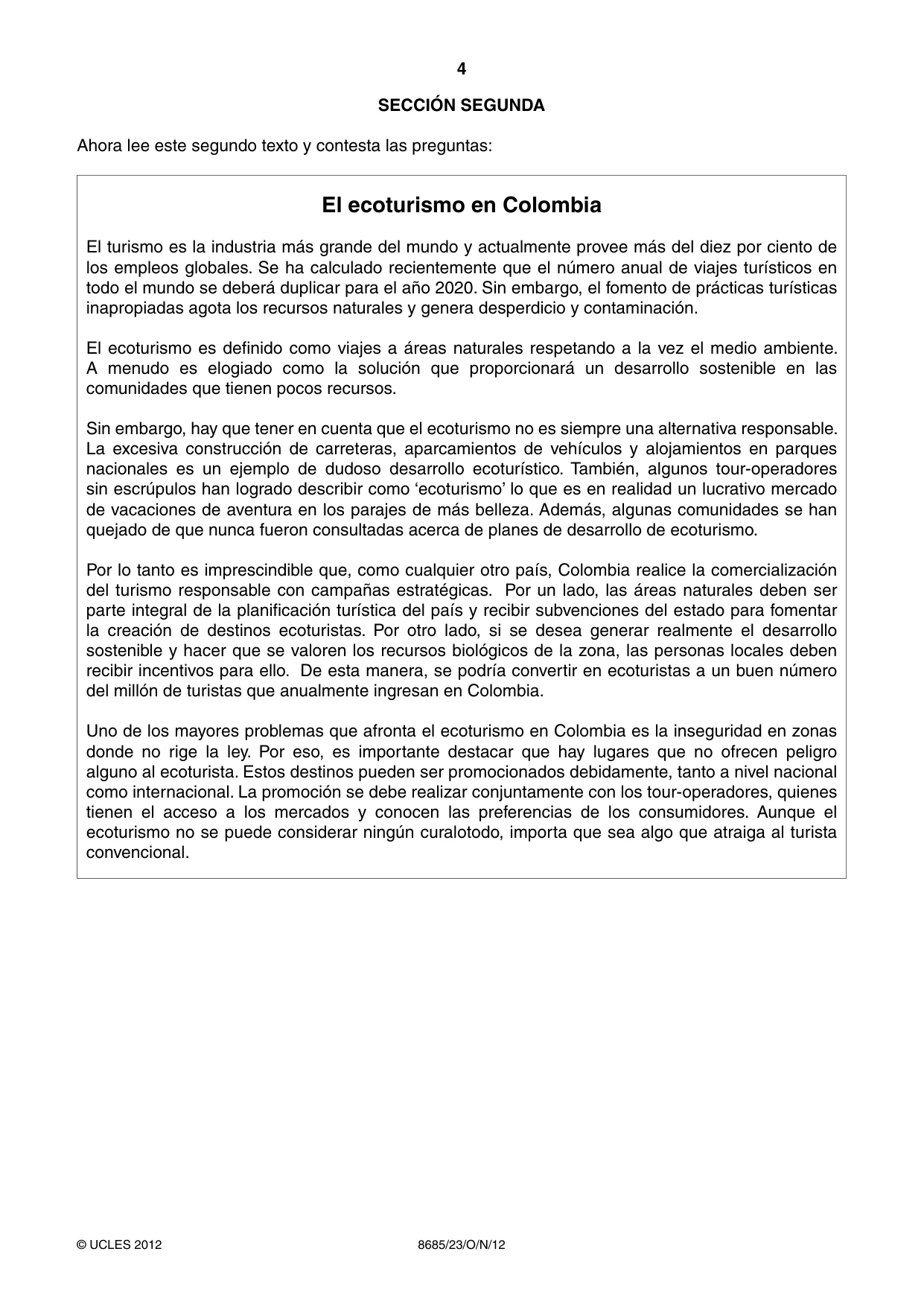 Cambridge A Level Spanish - Language (AS Level only) 8685 2012 Oct/Nov Paper 2 · Variant 3 question paper, page 4 of 8