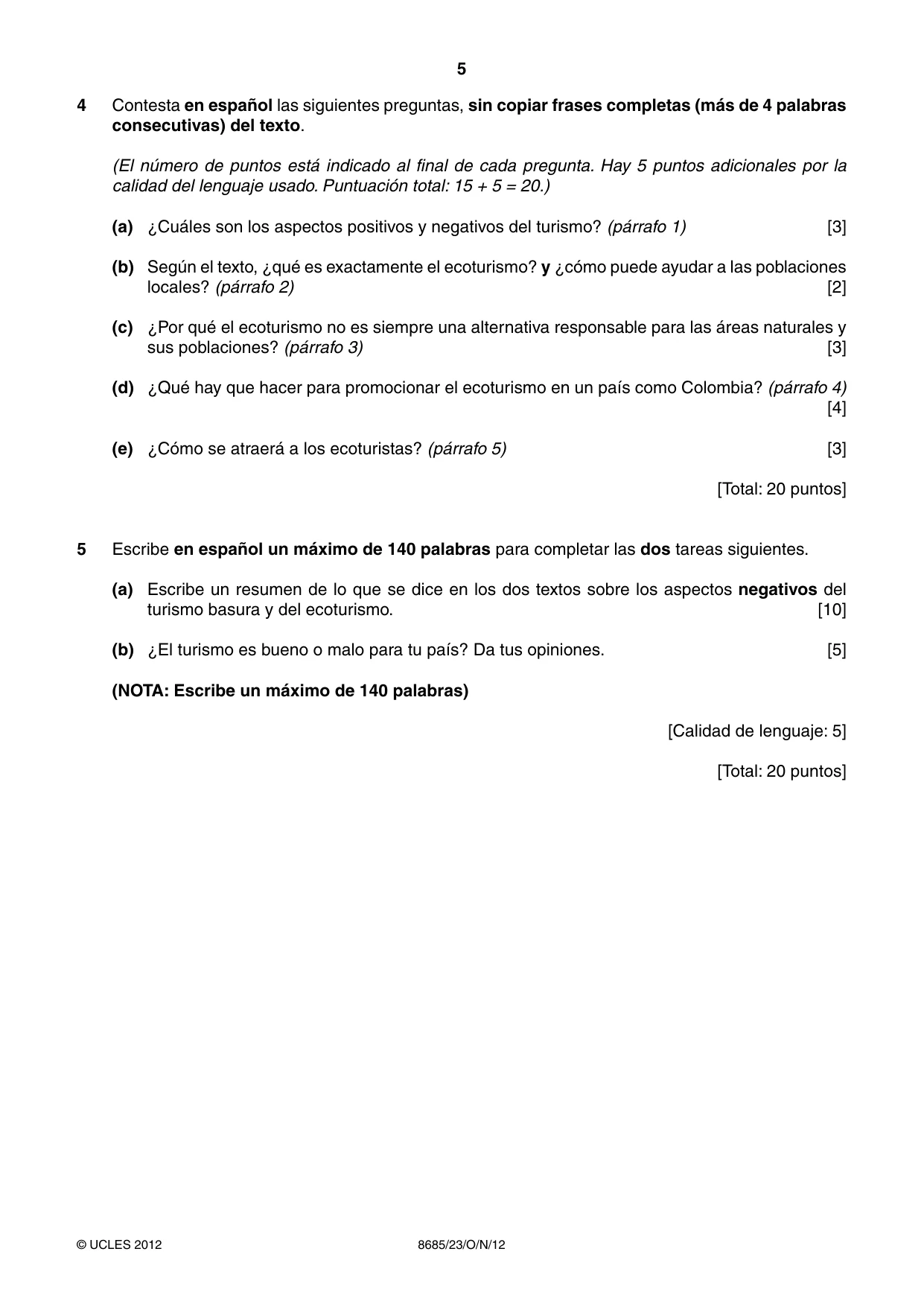 Cambridge A Level Spanish - Language (AS Level only) 8685 2012 Oct/Nov Paper 2 · Variant 3 question paper, page 5 of 8